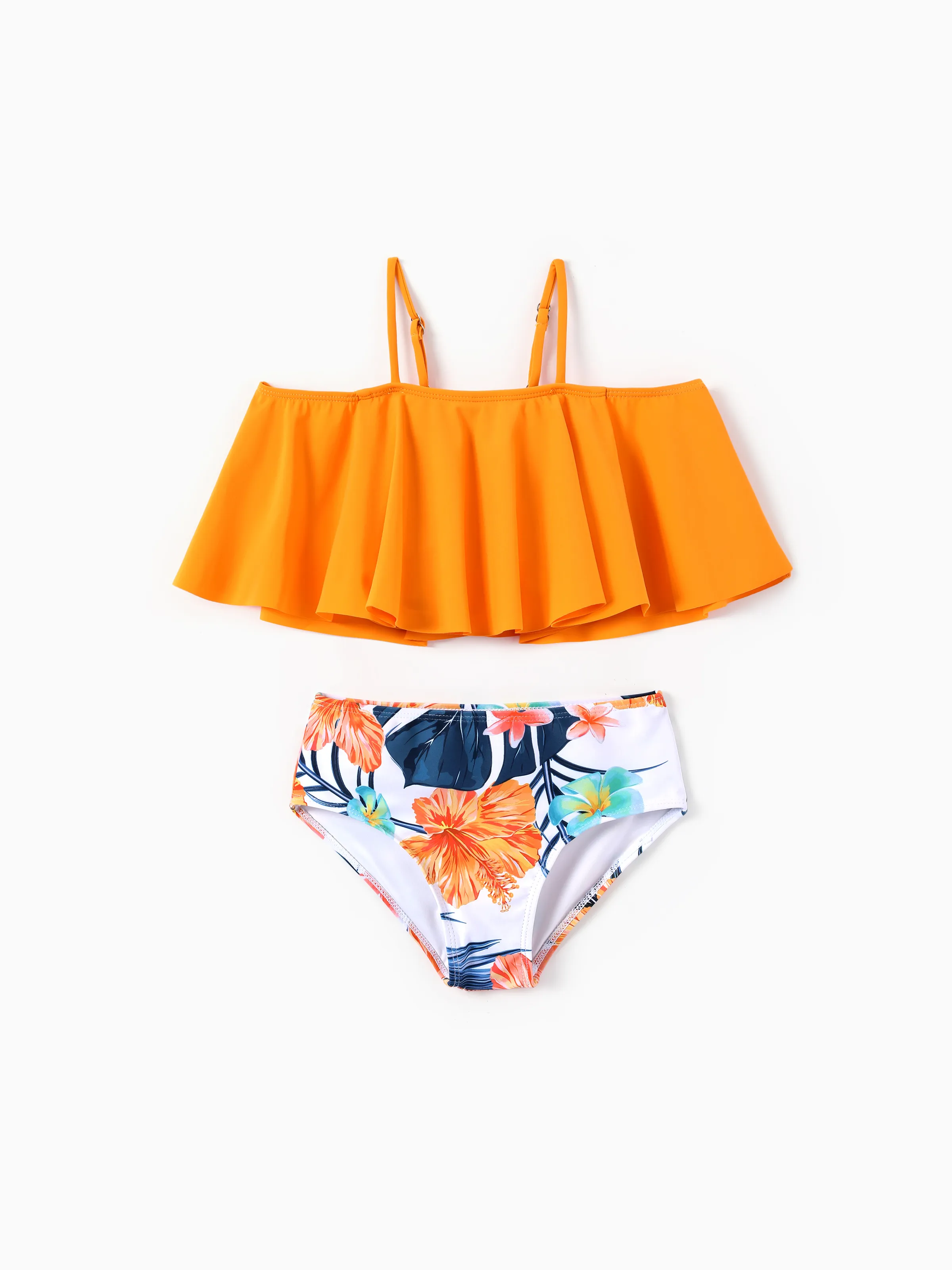Daddy & Daughter Swimwear Tropical Floral Bikini Set with Ruffle Top for Mom & Daughter, Board Shorts for Dad & Son, Bright Summer Beach Outfits Orange - Image 8