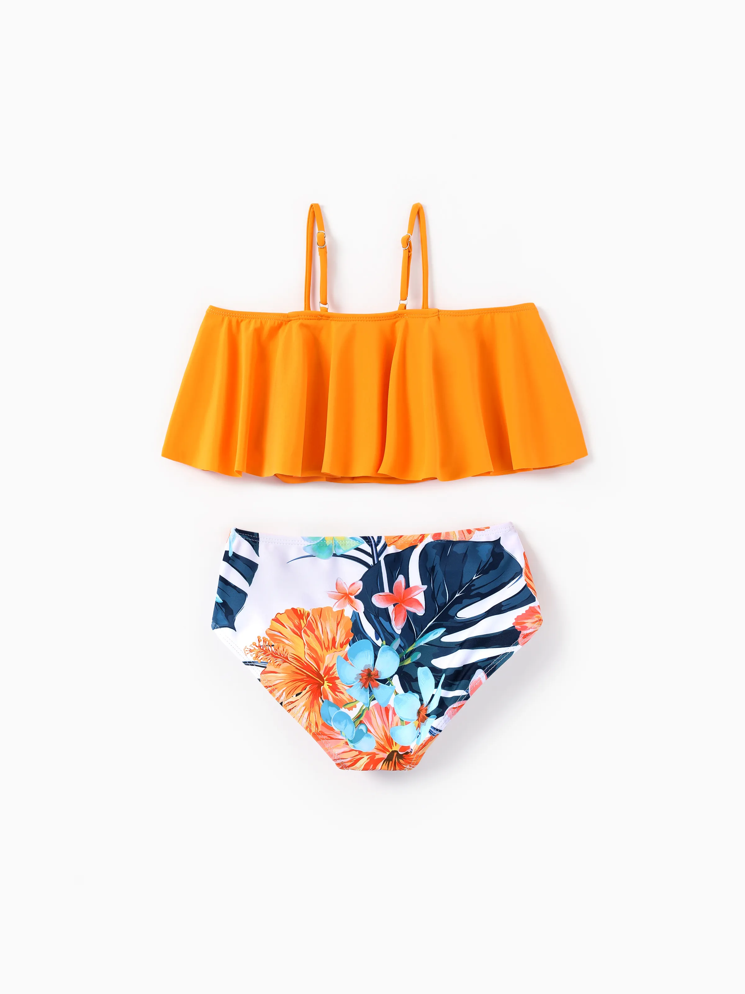 Daddy & Daughter Swimwear Tropical Floral Bikini Set with Ruffle Top for Mom & Daughter, Board Shorts for Dad & Son, Bright Summer Beach Outfits Orange - Image 9