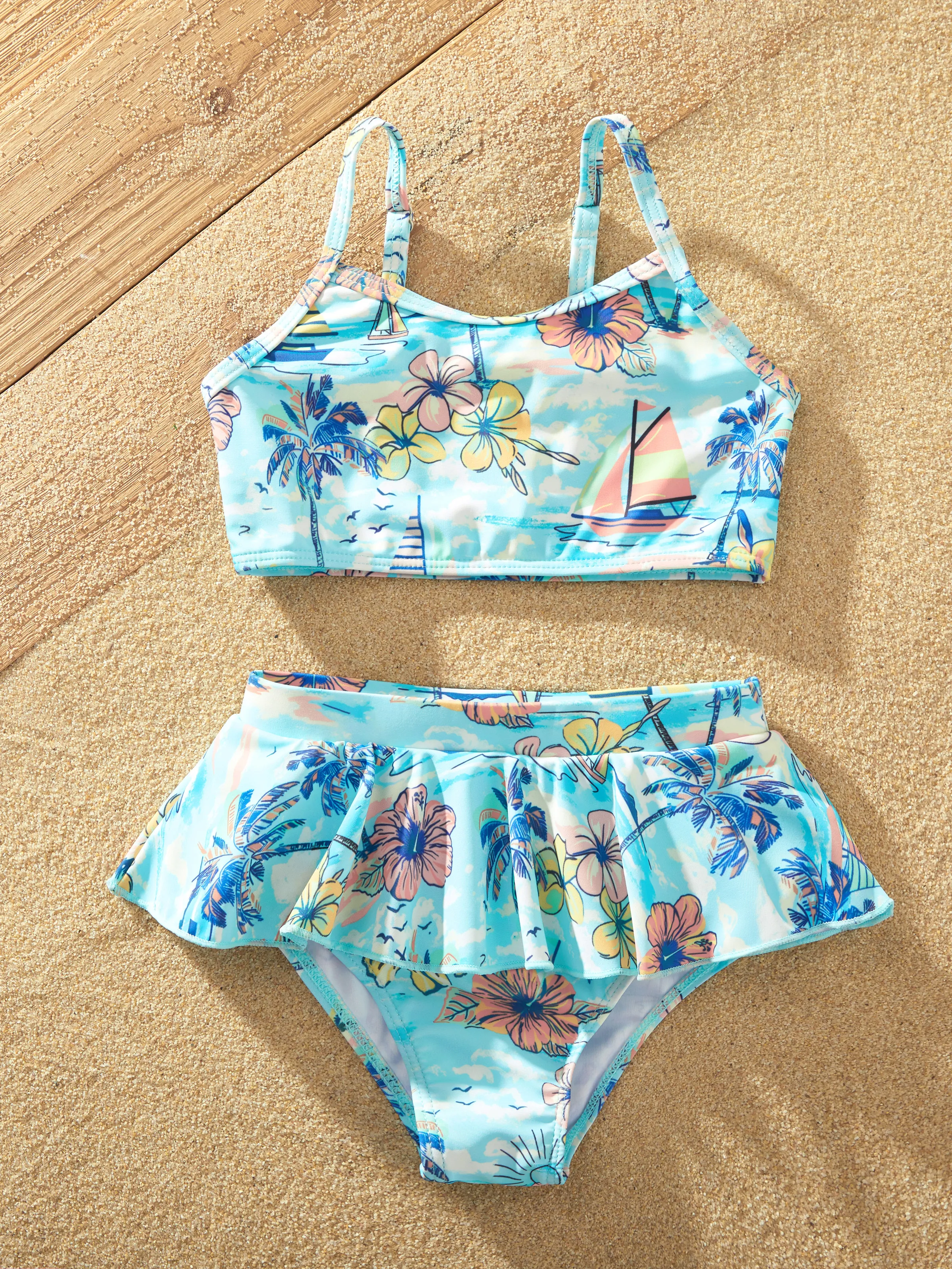 Daddy & Daughter Swimwear Tropical Print,  Girl two-piece Swimsuit  for Summer Beach Vacation Light Blue - Image 13
