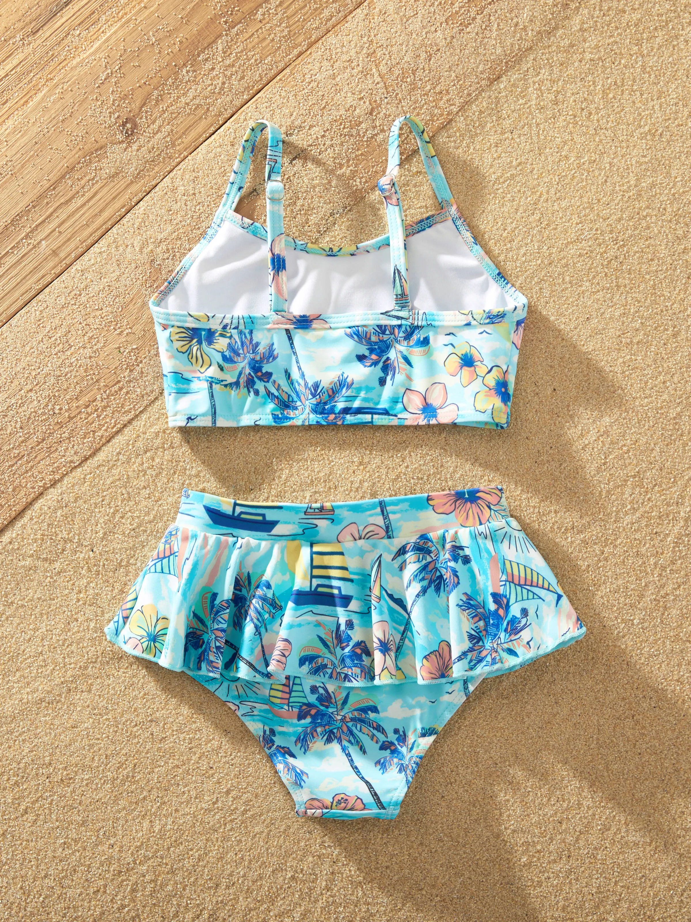 Daddy & Daughter Swimwear Tropical Print,  Girl two-piece Swimsuit  for Summer Beach Vacation Light Blue - Image 14