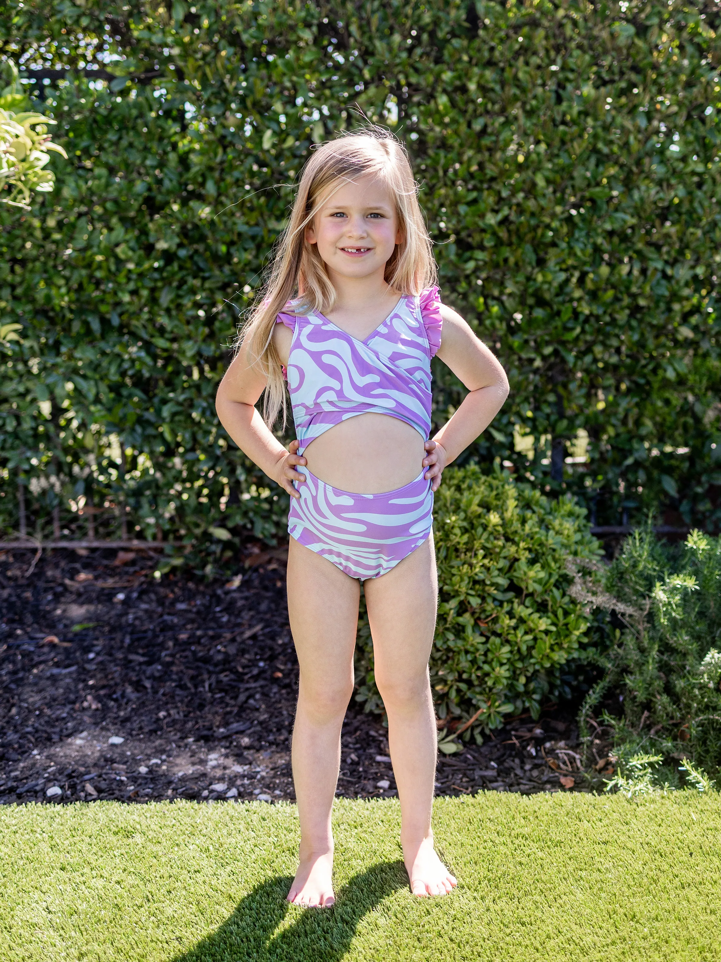 Daddy & Daughter Trendy Purple & Blue Wave Print Swim Trunks or Midriff Cutout One-Piece Swimsuit Purple - Image 8