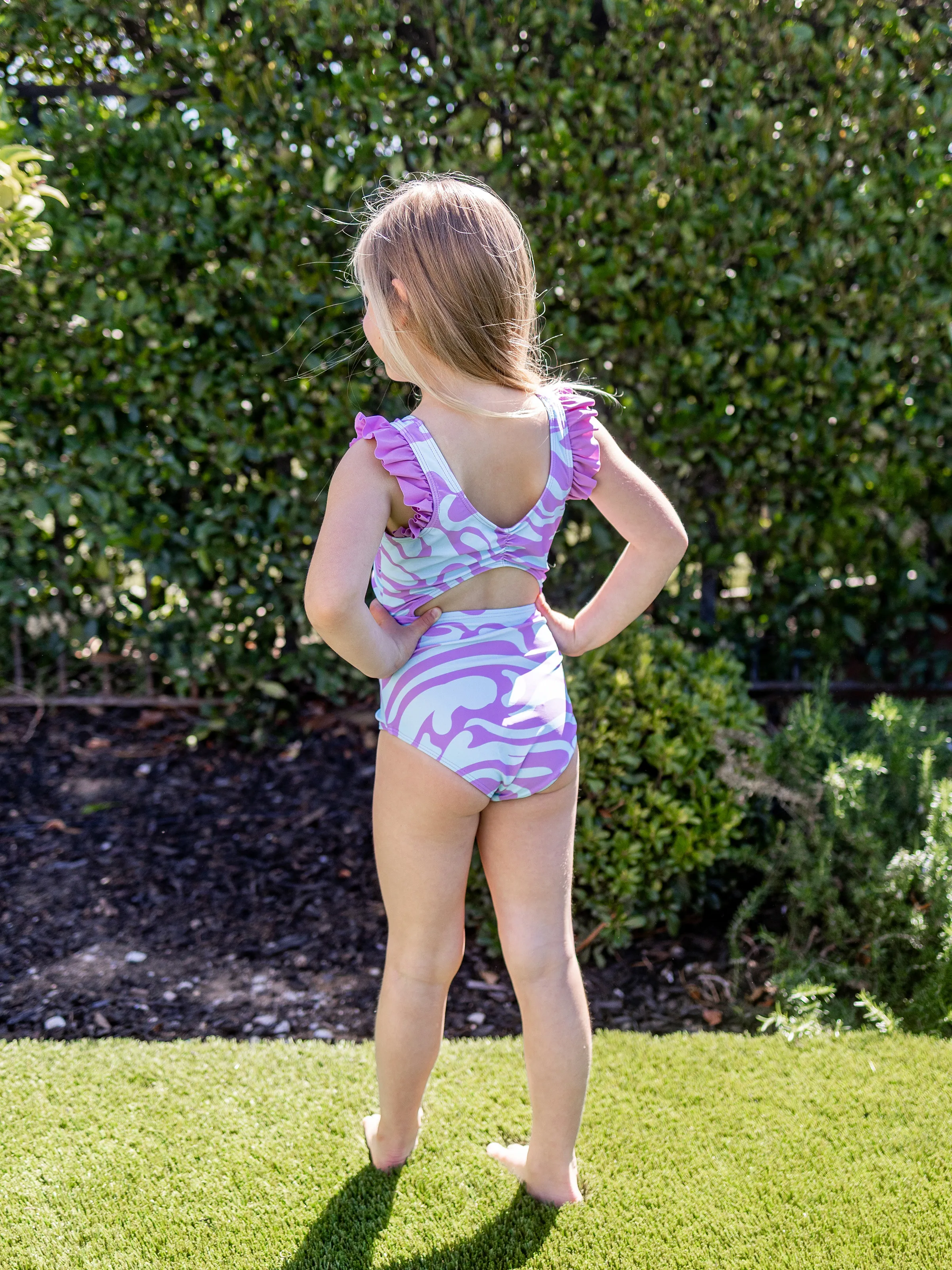 Daddy & Daughter Trendy Purple & Blue Wave Print Swim Trunks or Midriff Cutout One-Piece Swimsuit Purple - Image 9