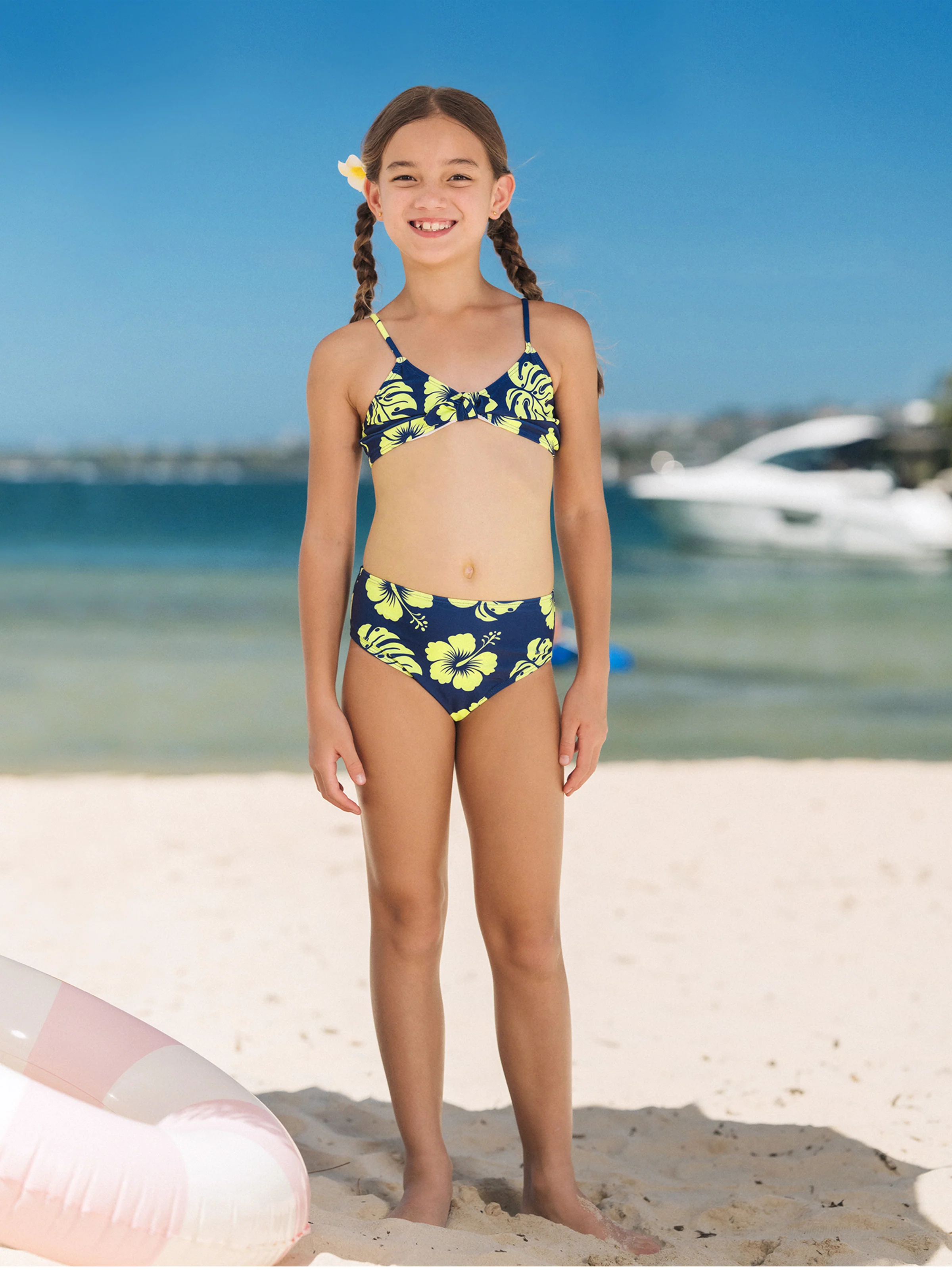 Mommy & me Tropical Floral Swimsuits Halter Bikini & Swim Trunks Set Deep Blue - Image 11