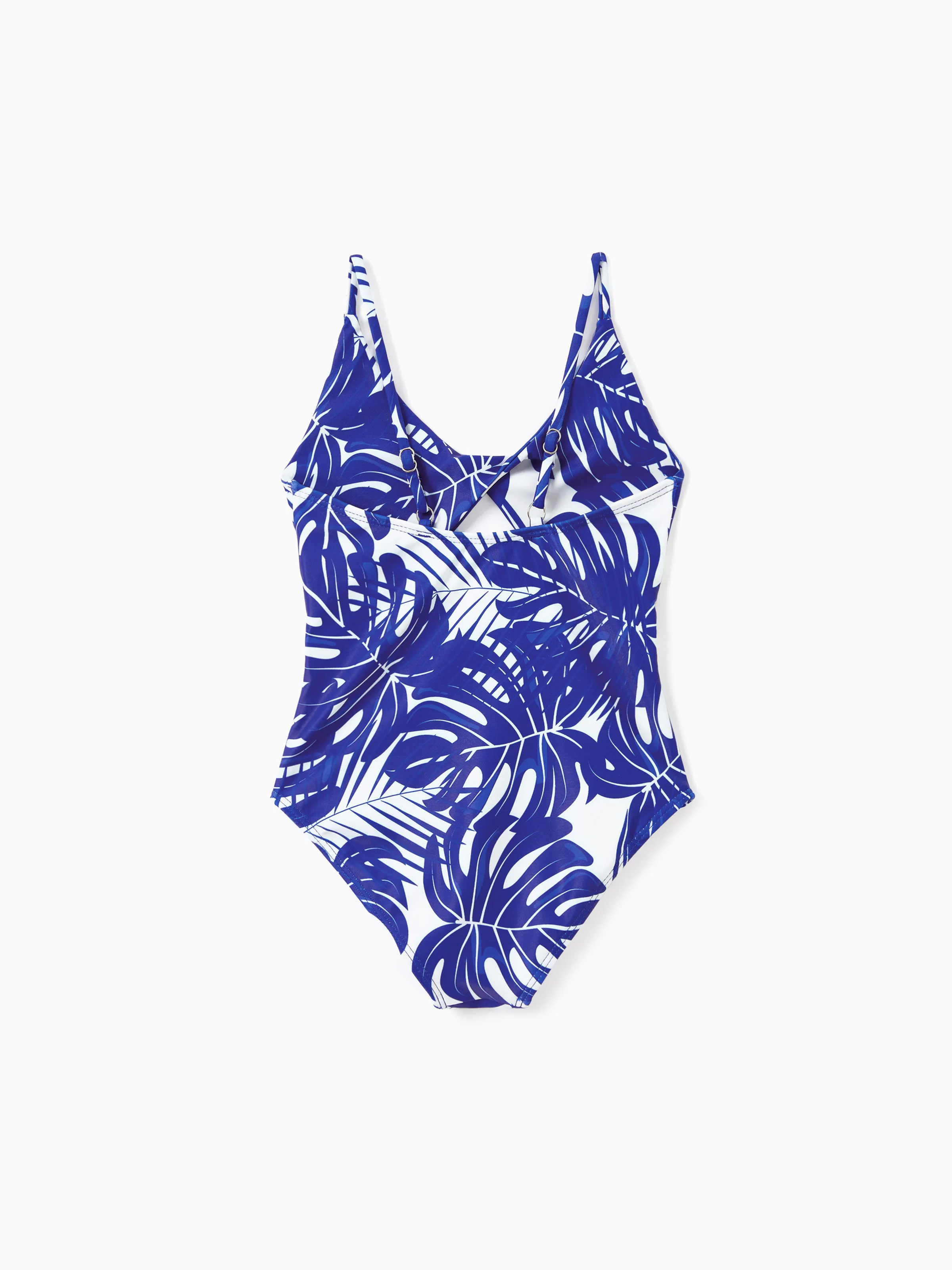 Daddy & Daughter Tropical Leaf Print Swim Trunks or Hollow-out  Crisscross Straps One-piece Swimsuit Blue - Image 7