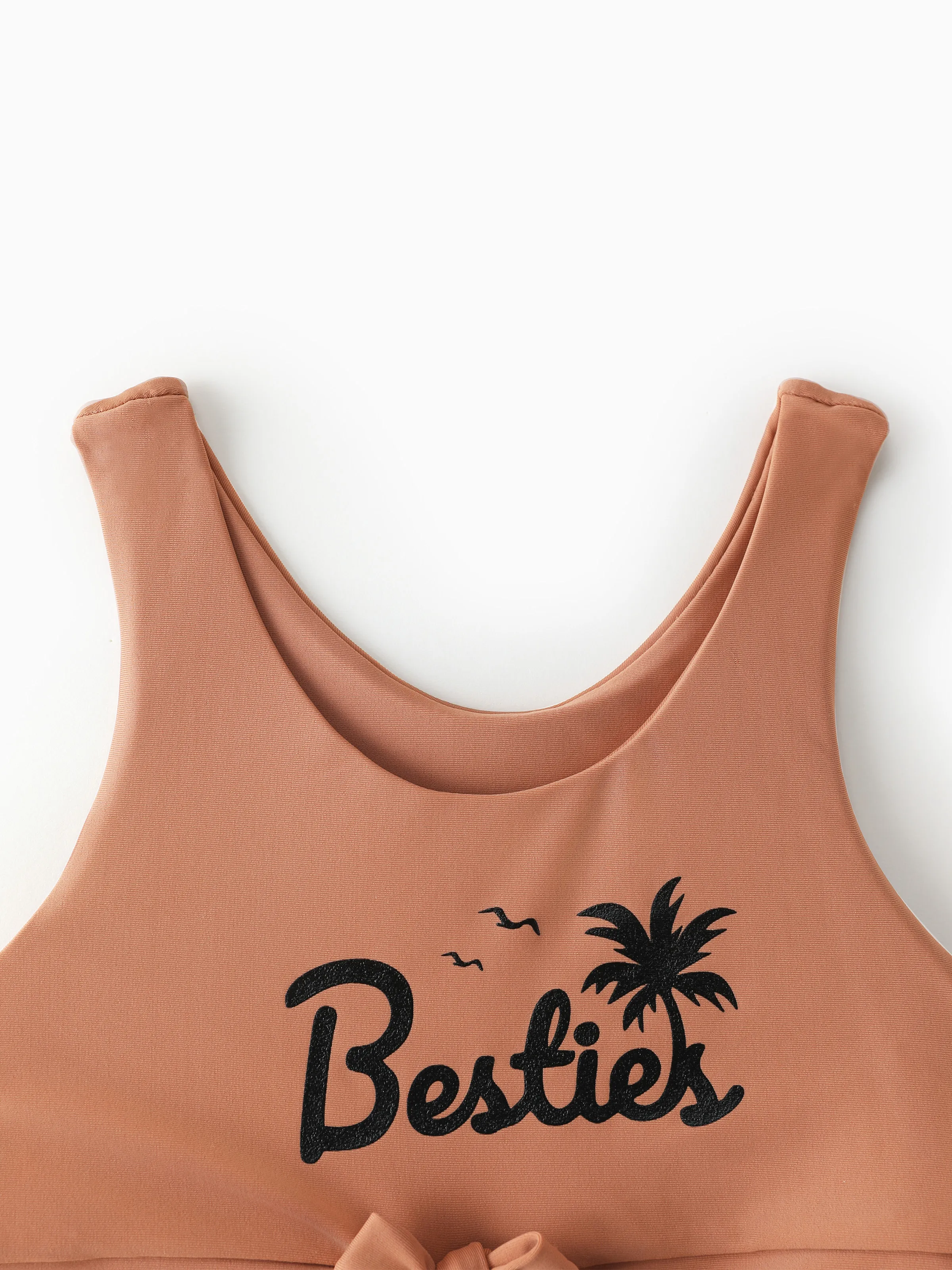 Daddy & Daughter Vertical Stripe Drawstring Swim Drunks or Besties Printed Crop Tank Bikini Khaki - Image 9