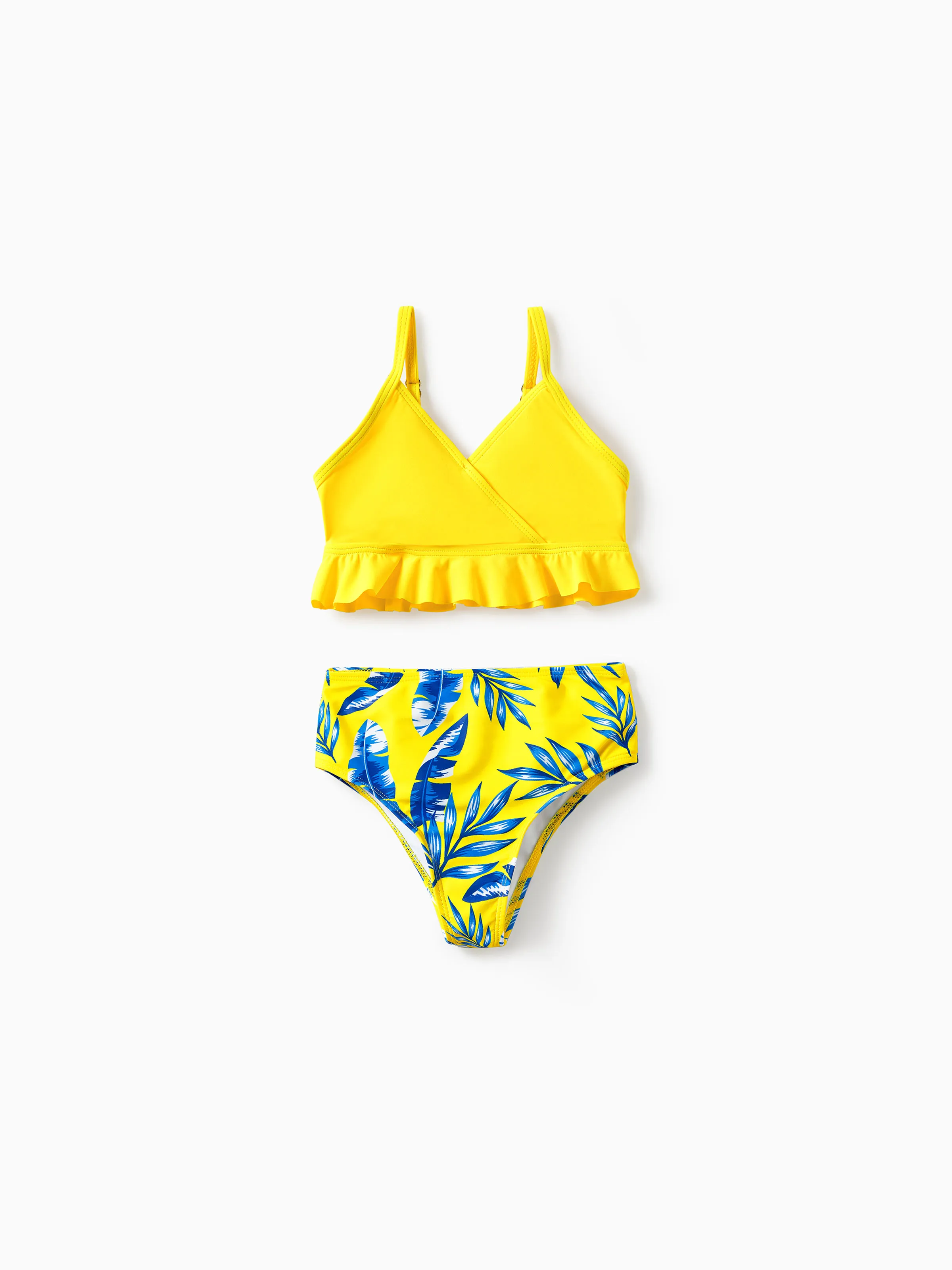 Daddy & Daughter Yellow Leaf Print Swim Trunks or Ruched Flutter Sleeve Bikini with Optional Swim Cover Up Yellow - Image 9