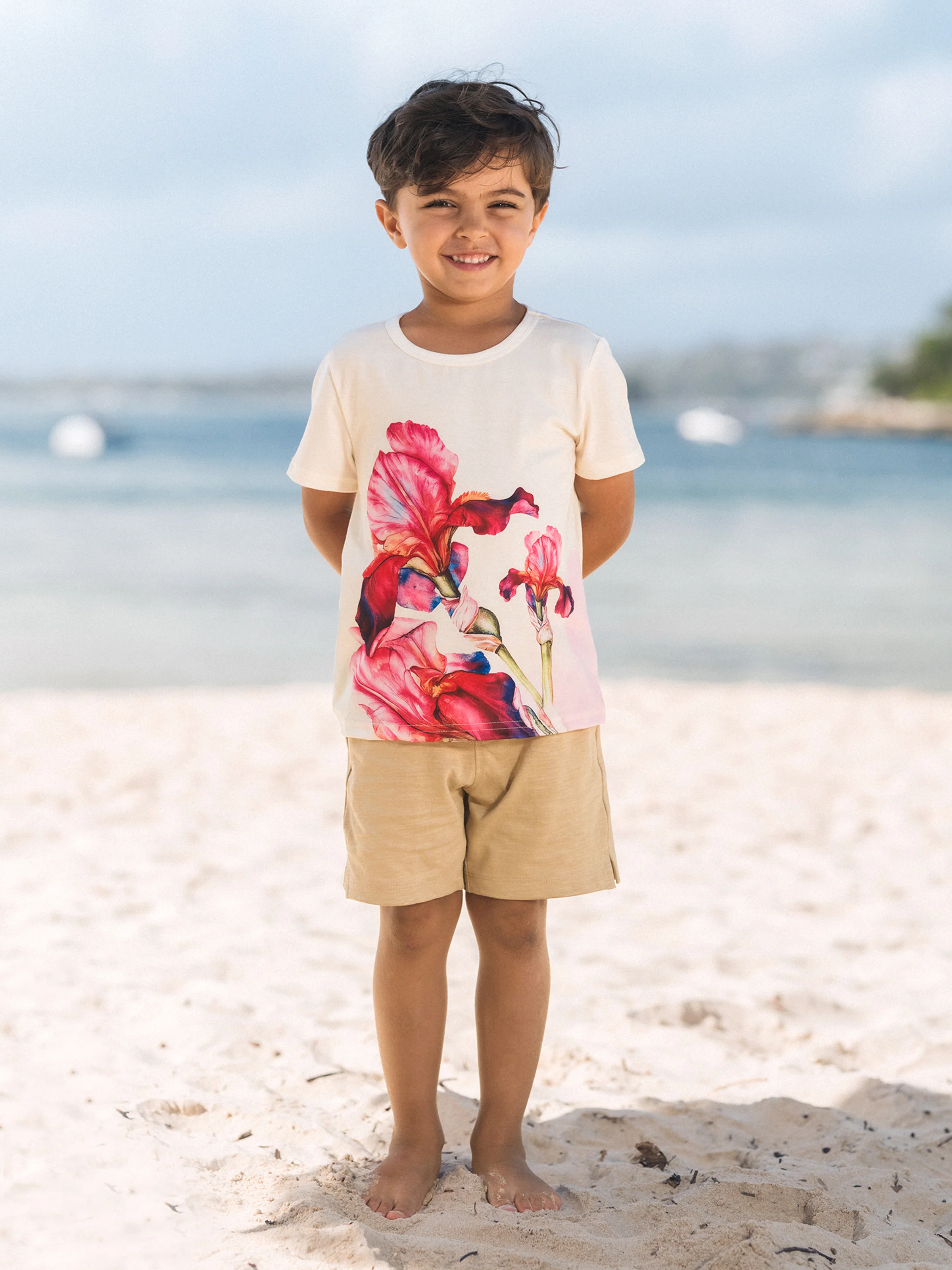 Daddy & Son Casual Outfit Floral Print T-shirt or Halter Dress Summer Set for Vacation Apricot - Image 11