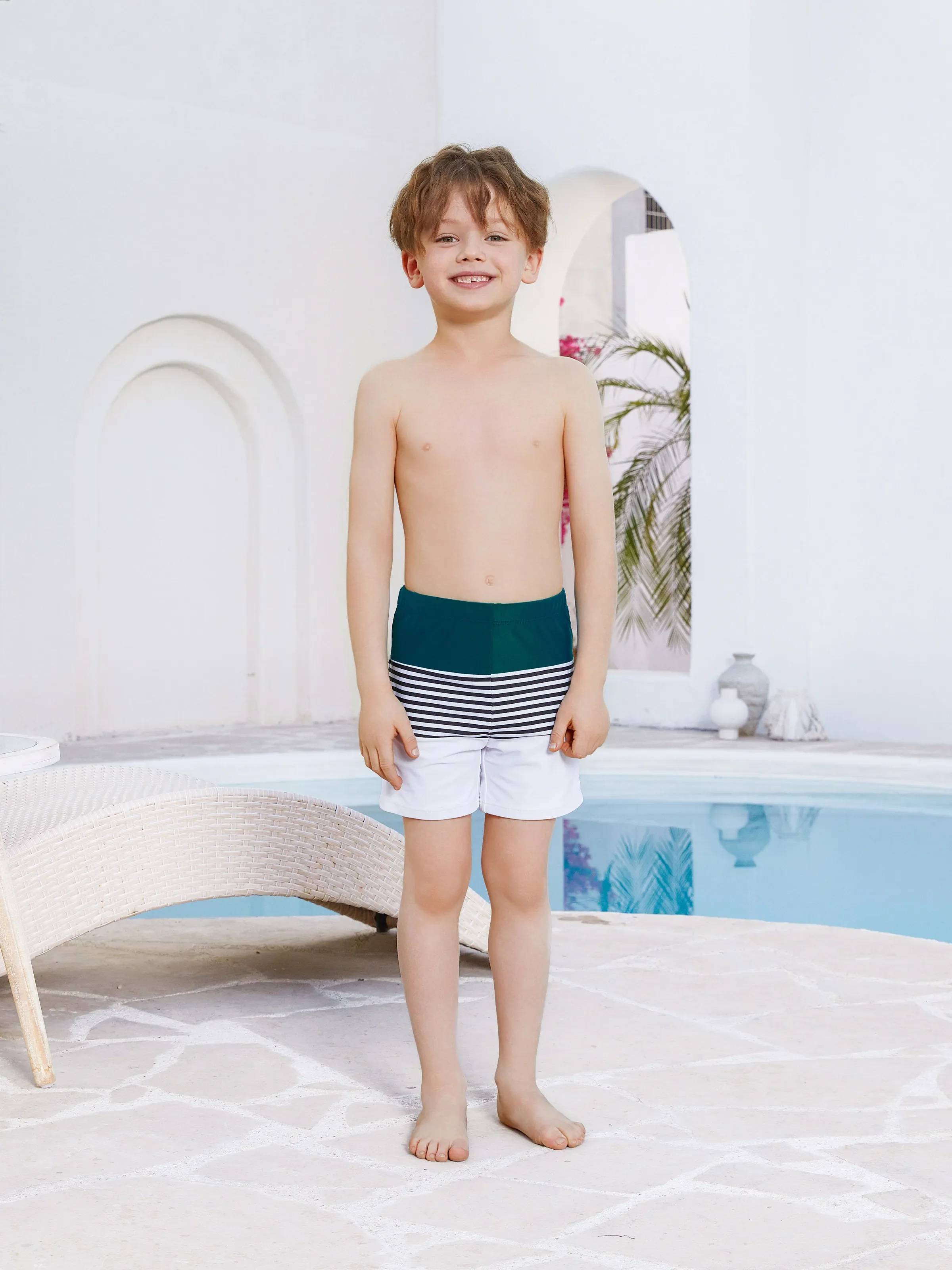 Daddy & Son Colorblock Striped Spliced Swim Trunks Shorts DeepTurquoise - Image 8