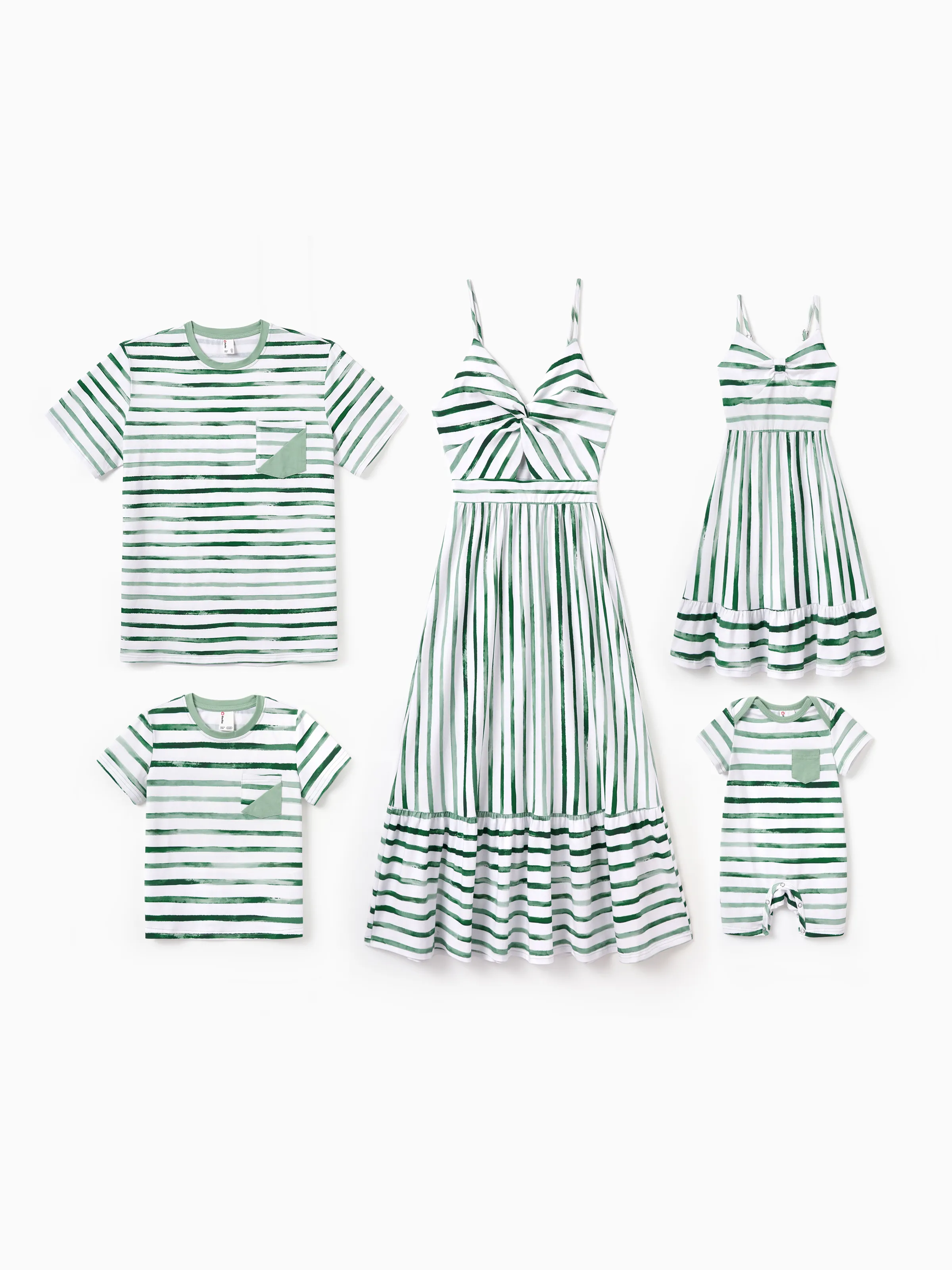 Daddy & Son Cotton Outfits Set Green Striped T-Shirt and Dress Set for Dad, Mom, Kids & Baby, Perfect for Summer Family Outings & Photos Green - Image 3