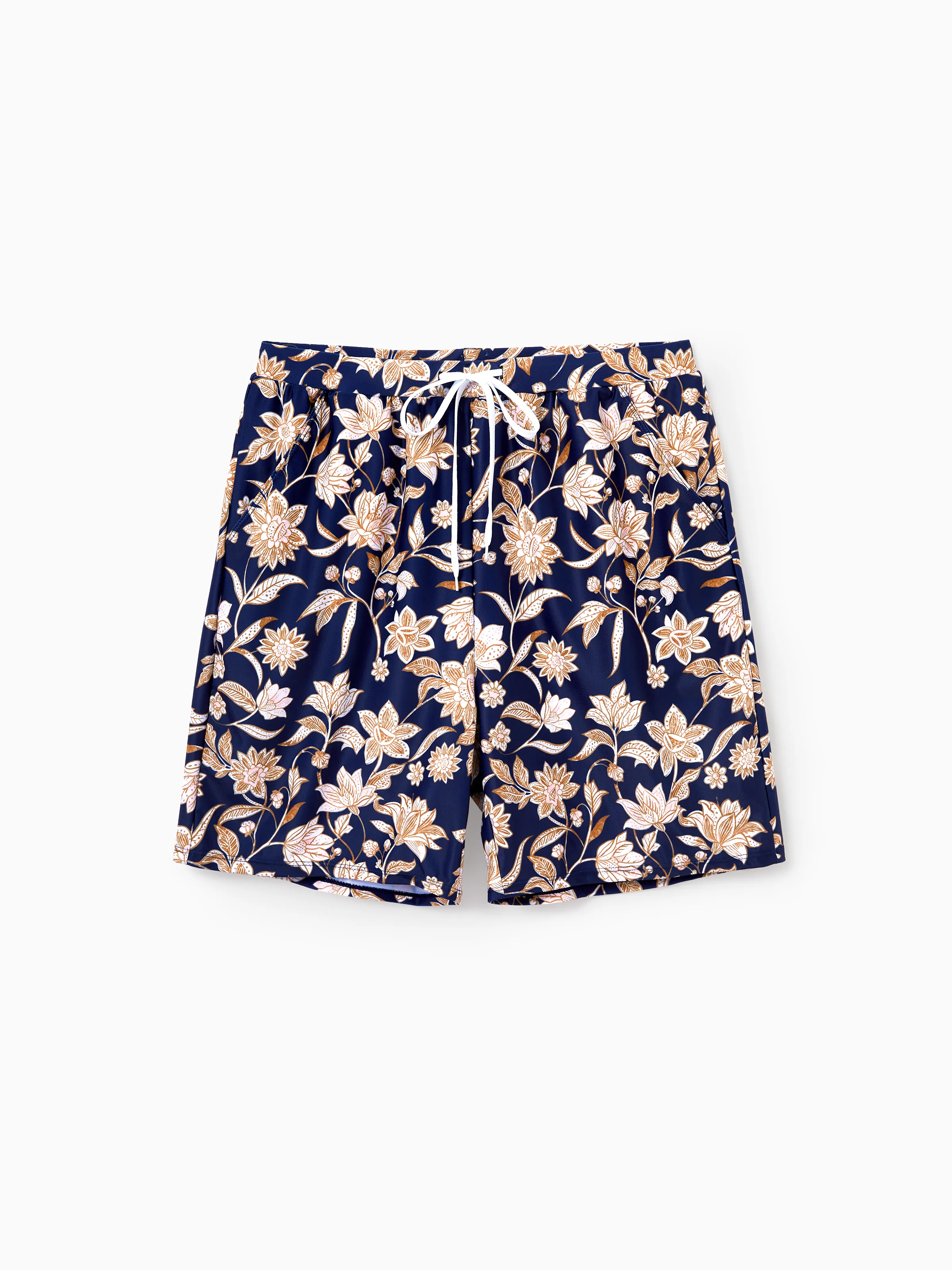 Daddy & Son Floral Print Swimsuits 2-in-1 One-Piece Swimsuit & Swim Trunks Deep Blue - Image 3