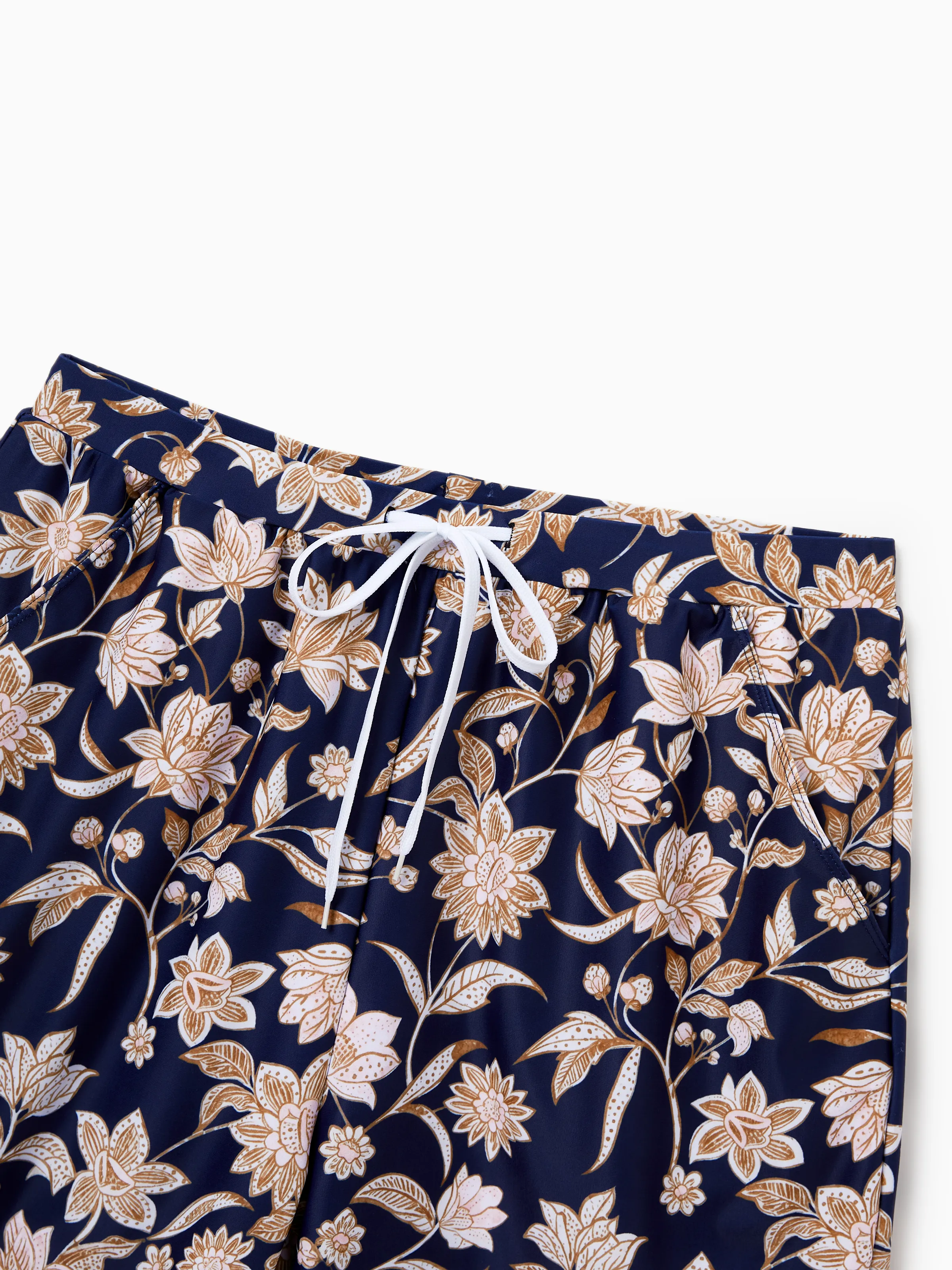 Daddy & Son Floral Print Swimsuits 2-in-1 One-Piece Swimsuit & Swim Trunks Deep Blue - Image 5
