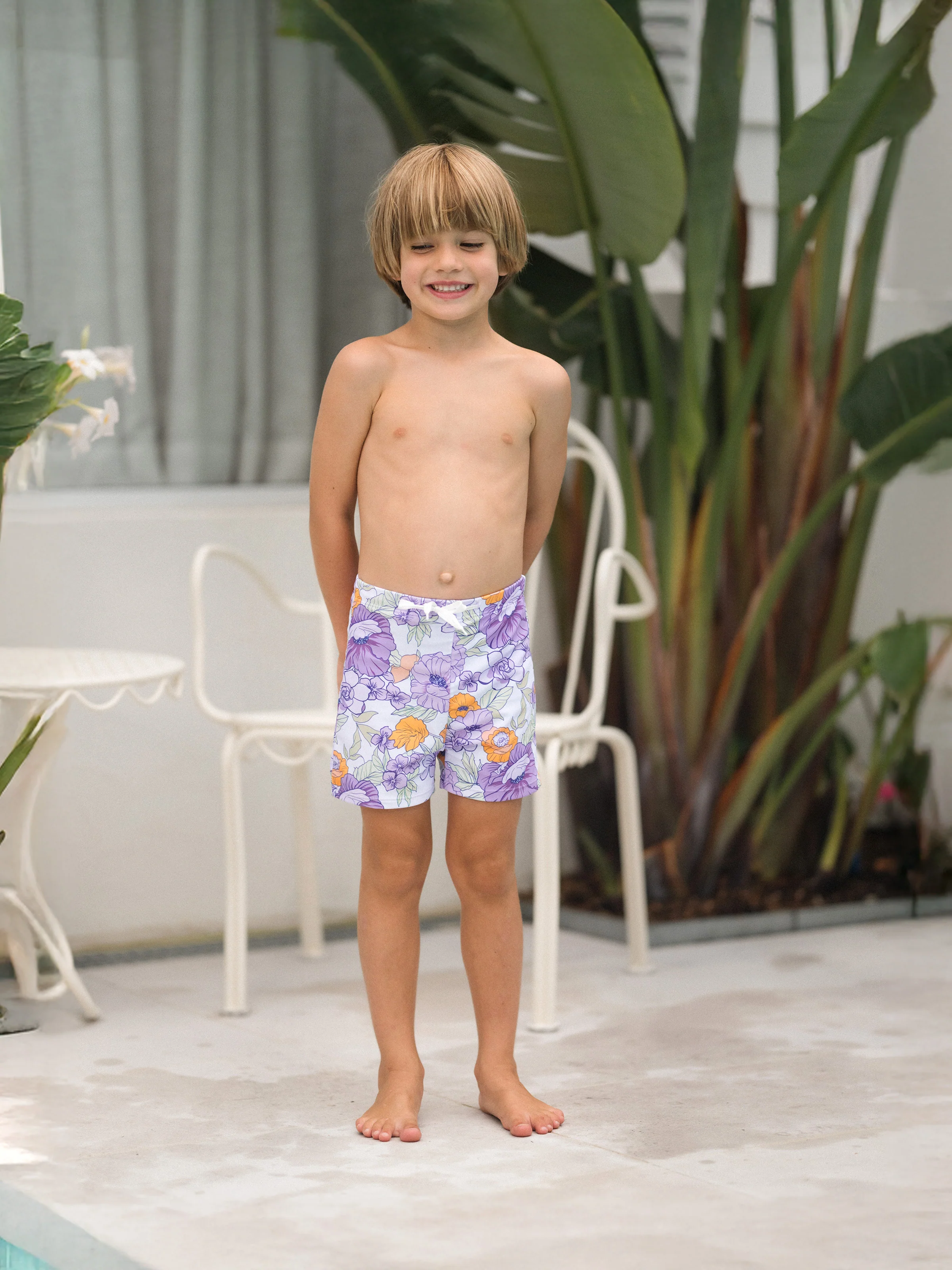 Daddy & Son Floral Print Swimsuits Ruffled One-Piece Bathing Suit & Swim Trunks Set Purple - Image 11