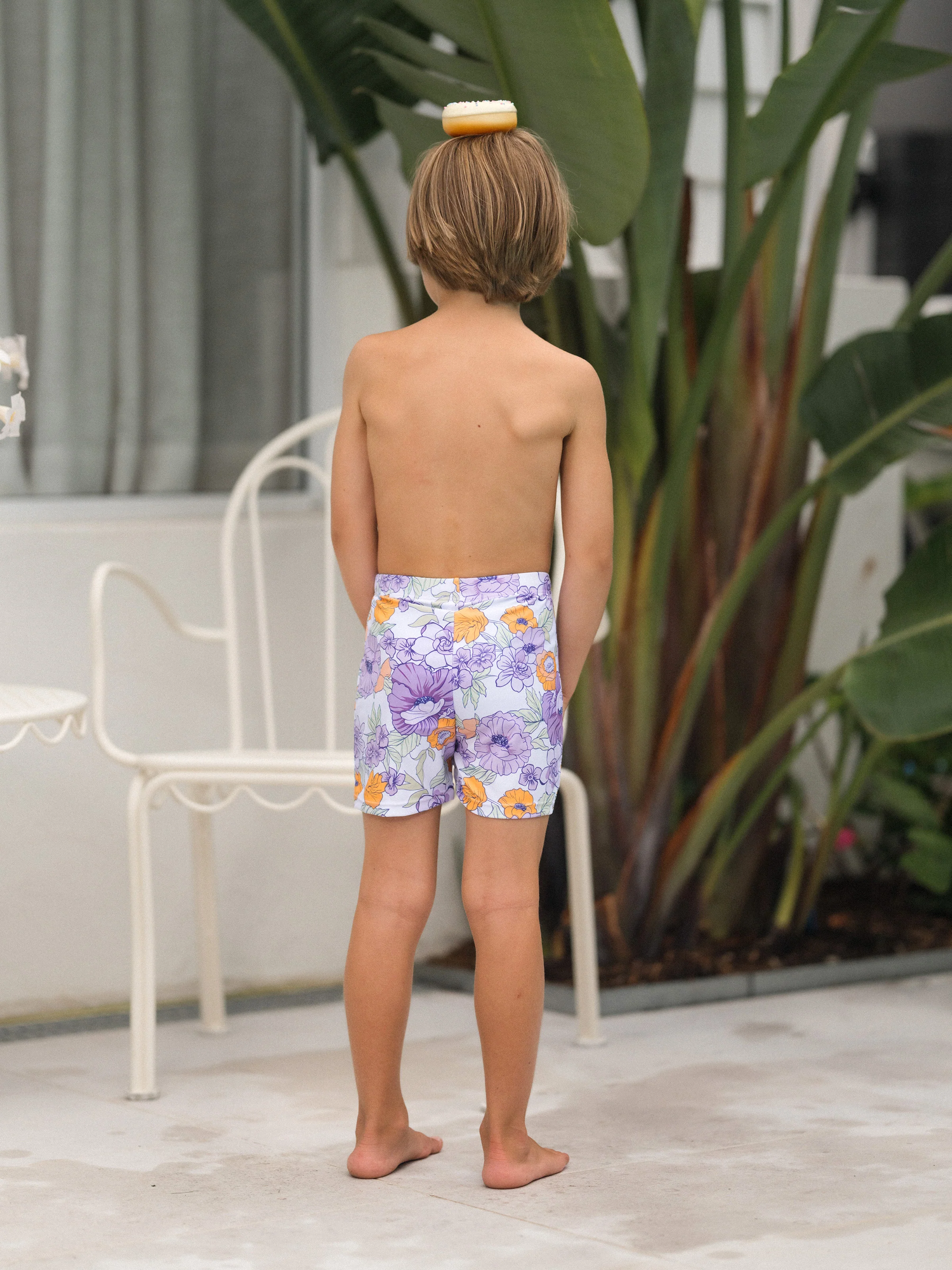 Daddy & Son Floral Print Swimsuits Ruffled One-Piece Bathing Suit & Swim Trunks Set Purple - Image 12