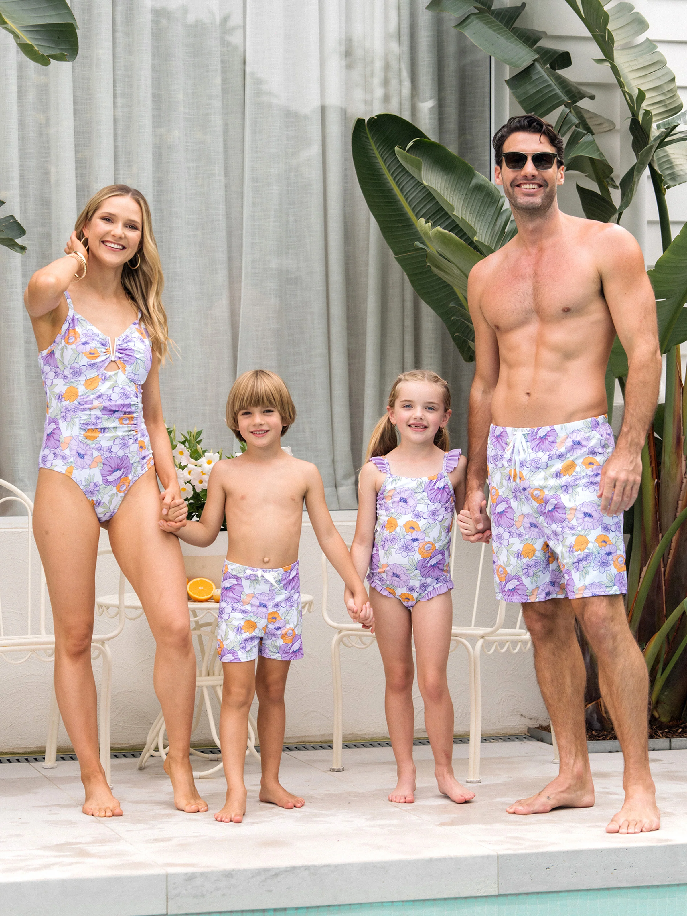Daddy & Son Floral Print Swimsuits Ruffled One-Piece Bathing Suit & Swim Trunks Set Purple - Image 2
