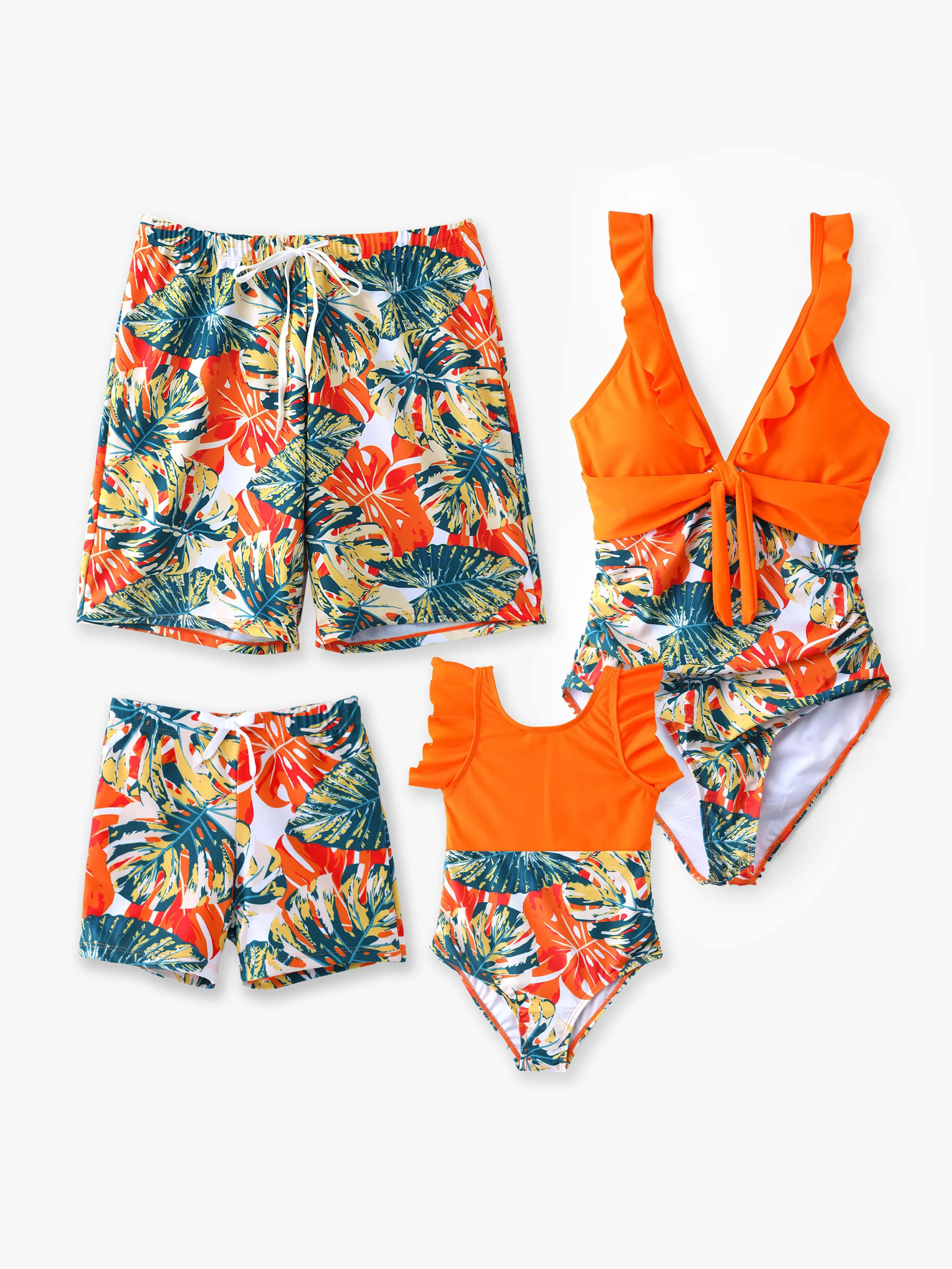 Daddy & Son Orange and All Over Tropical Plant Print Splicing Ruffle Swim Trunks Shorts Orange color - Image 2