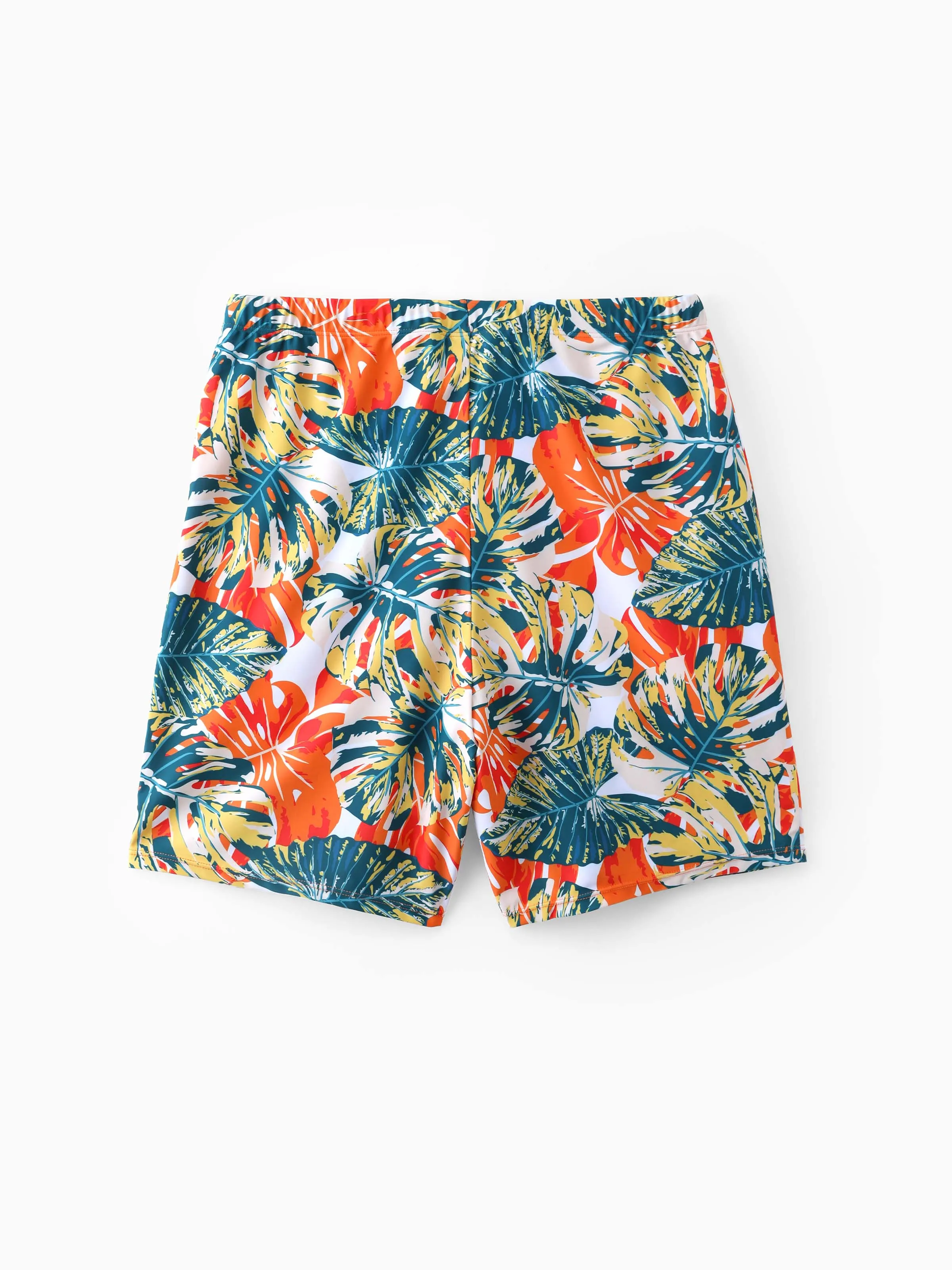 Daddy & Son Orange and All Over Tropical Plant Print Splicing Ruffle Swim Trunks Shorts Orange color - Image 4