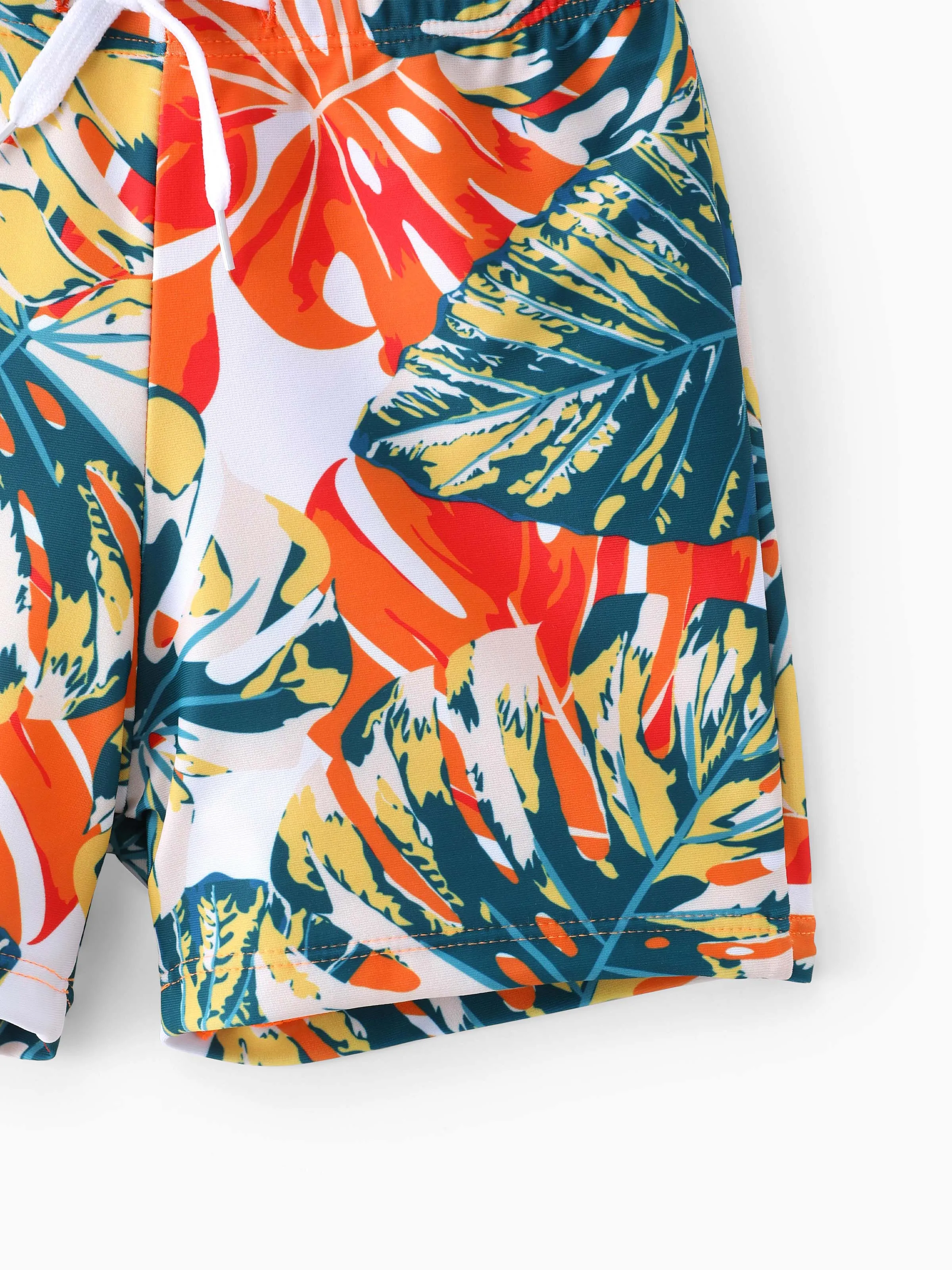 Daddy & Son Orange and All Over Tropical Plant Print Splicing Ruffle Swim Trunks Shorts Orange color - Image 9