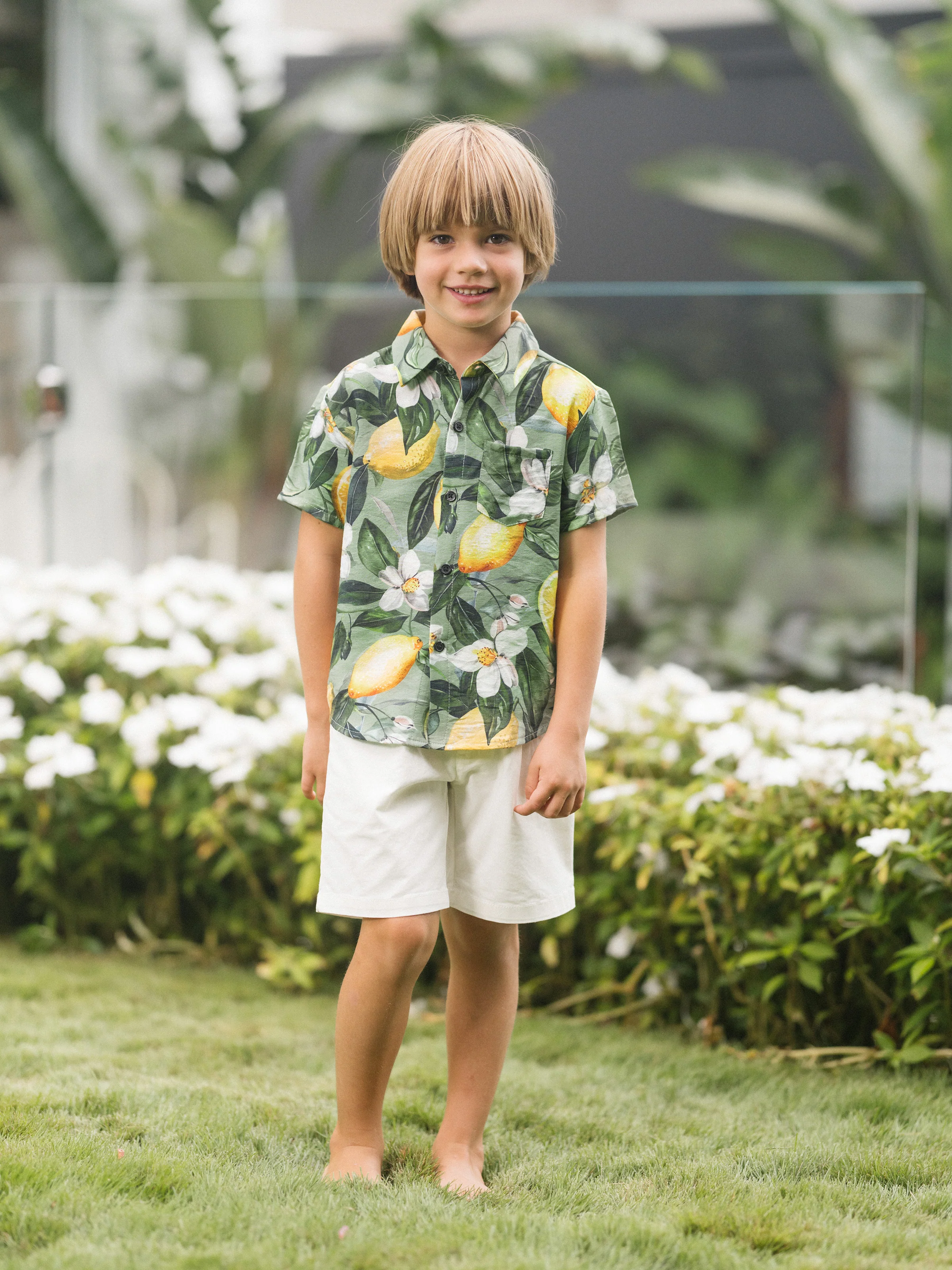 Daddy & Son Outfits – Lemon Print Hawaiian Shirts  – Tropical Vacation Clothes for Men & Kids Green - Image 11