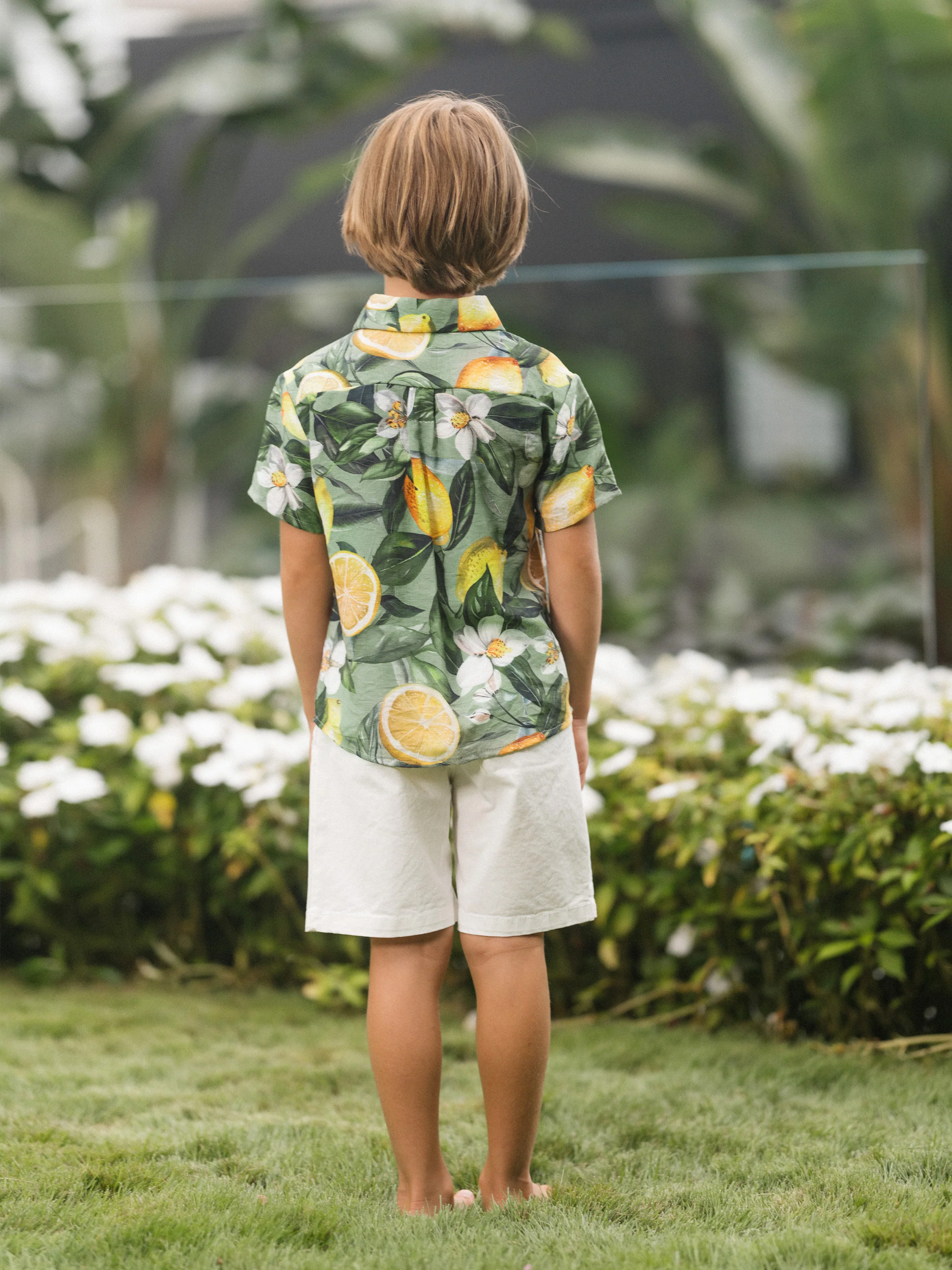 Daddy & Son Outfits – Lemon Print Hawaiian Shirts  – Tropical Vacation Clothes for Men & Kids Green - Image 12