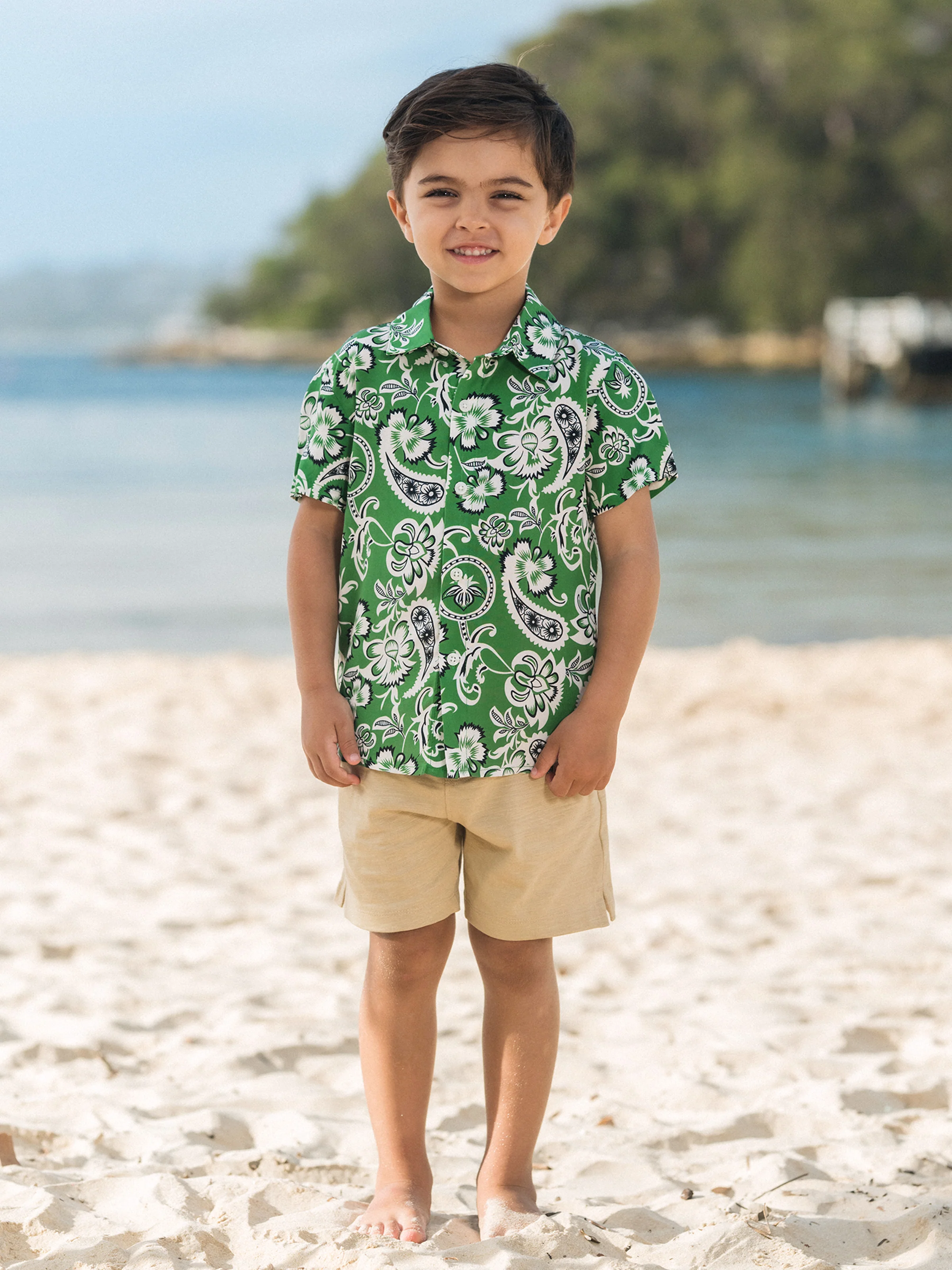 Family Matching Outfits Set Floral Print Short-sleeve Collar Shirt or Strappy Smocked  Dress for Summer Vacation  Green - Image 22