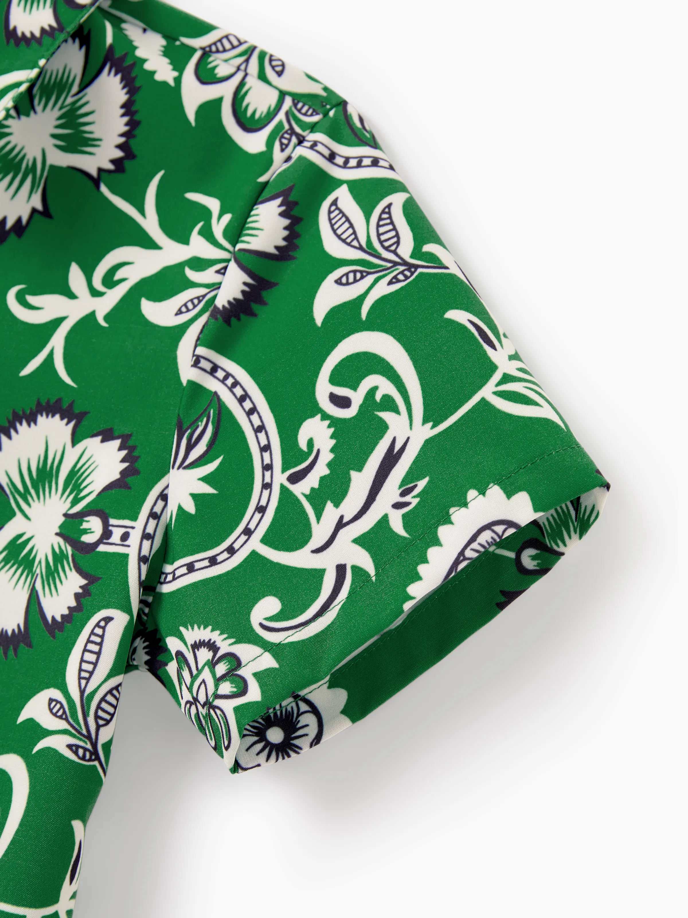 Daddy & Son Outfits Set Floral Print Short-sleeve Collar Shirt or Strappy Smocked  Dress for Summer Vacation Green - Image 16