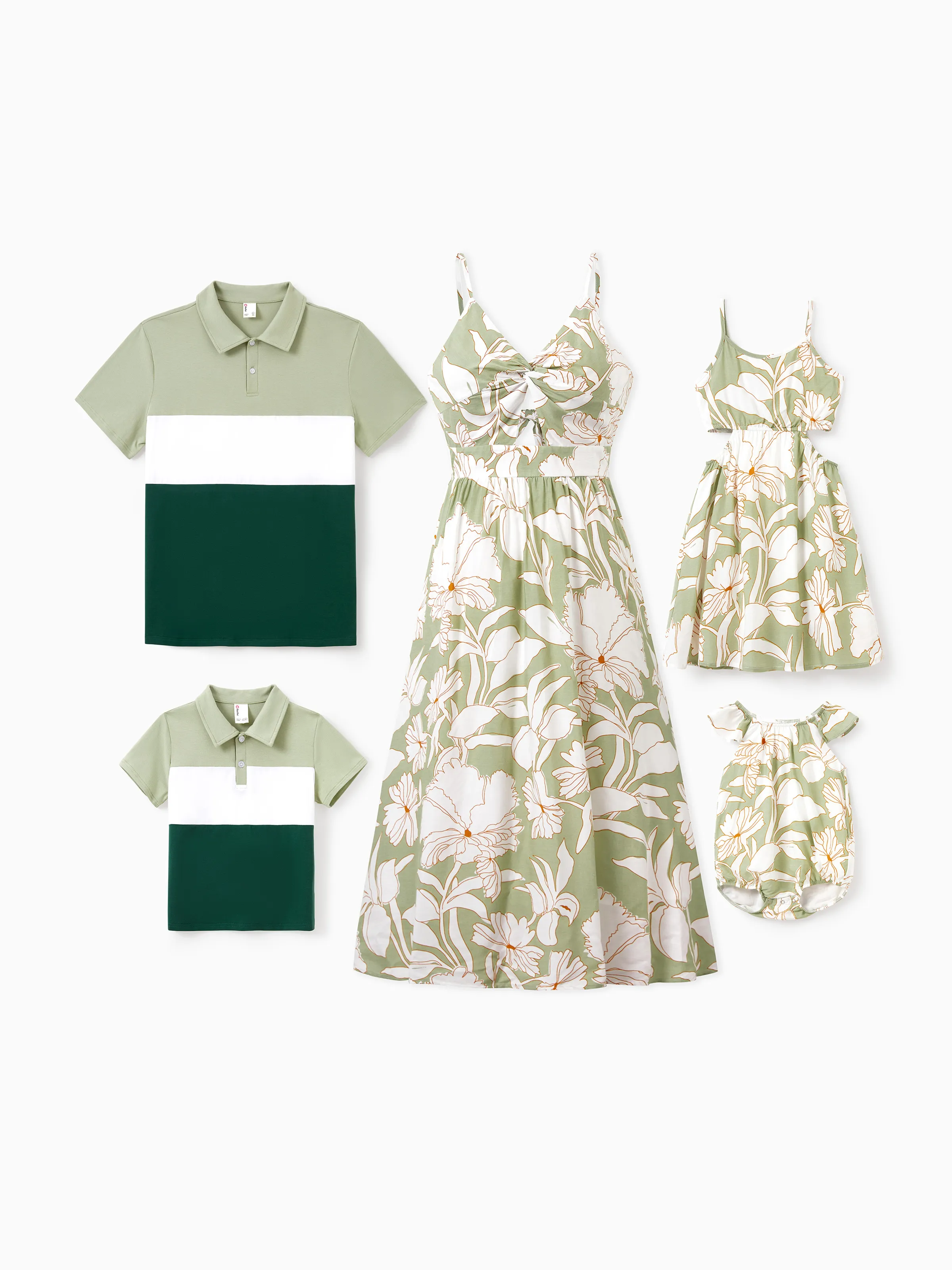 Daddy & Son Outfits Tropical Floral Print Strap Dress or Short-sleeve Colorblock Shirts Set Pale Green - Image 3