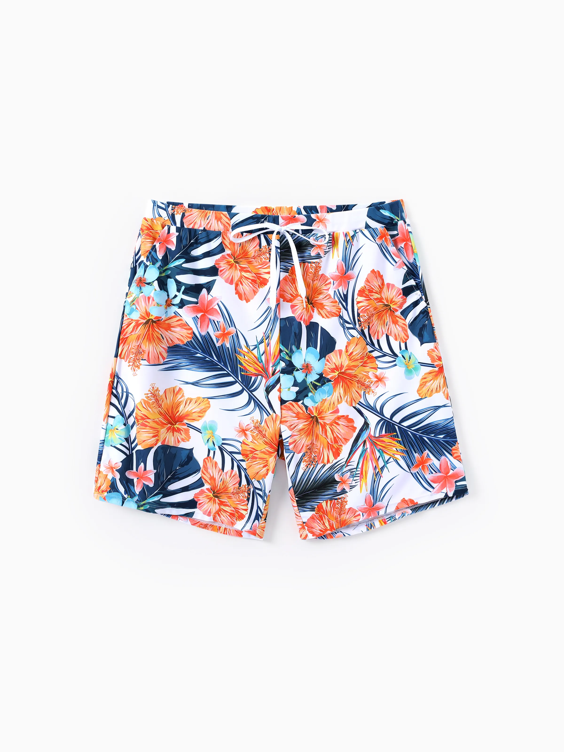 Daddy & Son Swimwear Tropical Floral Bikini Set with Ruffle Top for Mom & Daughter, Board Shorts for Dad & Son, Bright Summer Beach Outfits Orange - Image 3