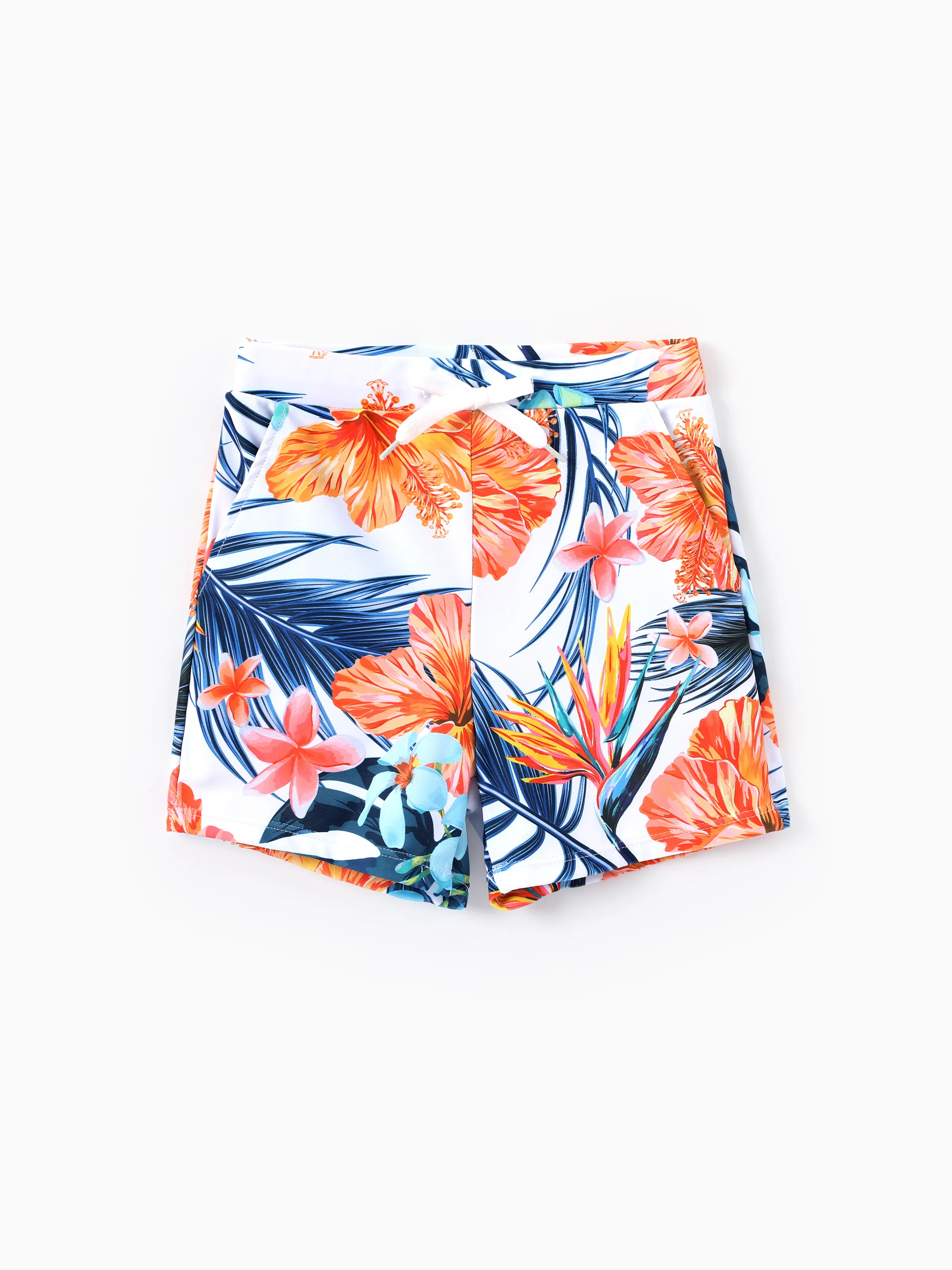 Daddy & Son Swimwear Tropical Floral Bikini Set with Ruffle Top for Mom & Daughter, Board Shorts for Dad & Son, Bright Summer Beach Outfits Orange - Image 9