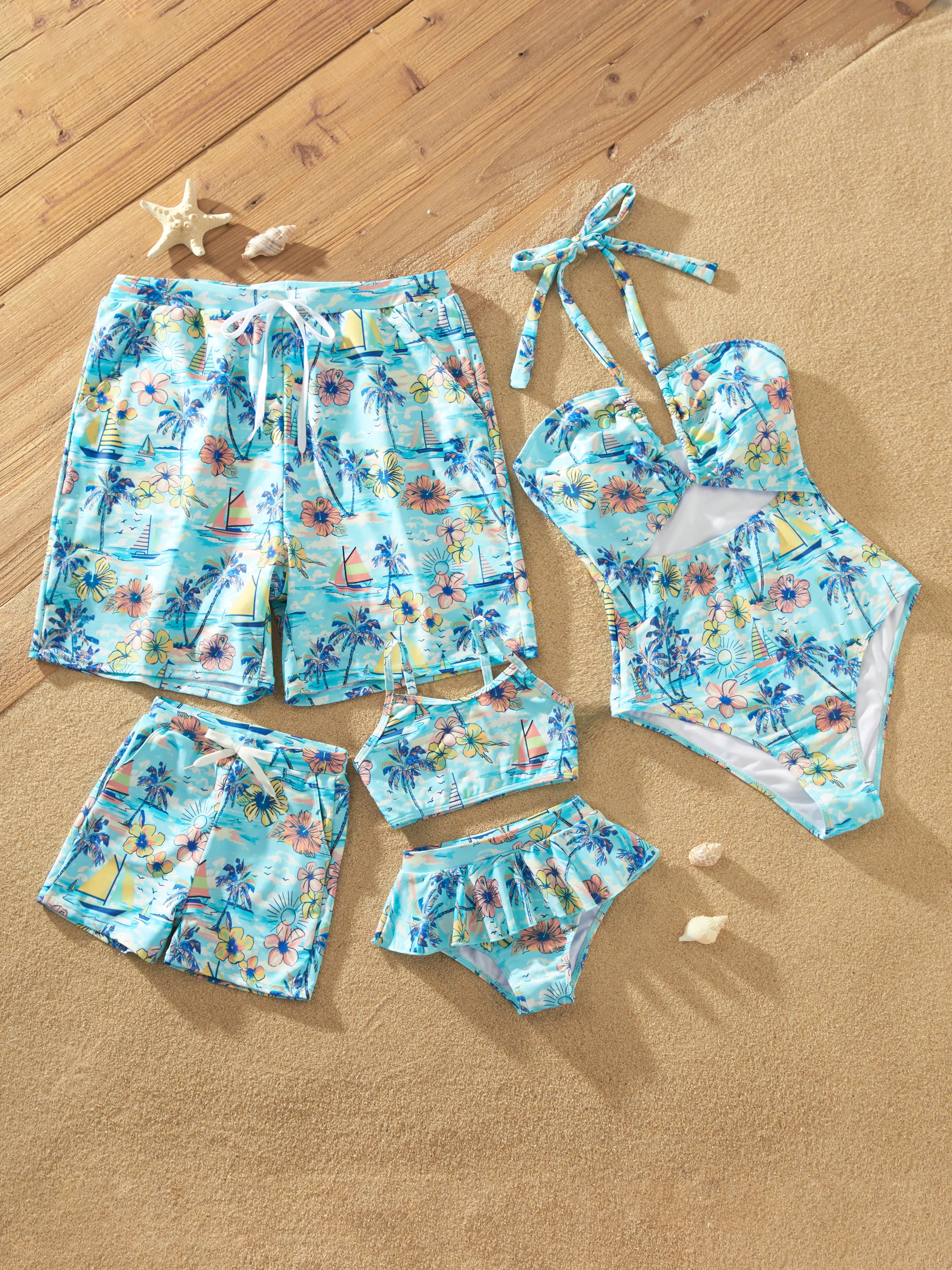 Daddy & Son Swimwear Tropical Print,Daddy & Son Swim Trunks Set for Summer Beach Vacation Light Blue - Image 3