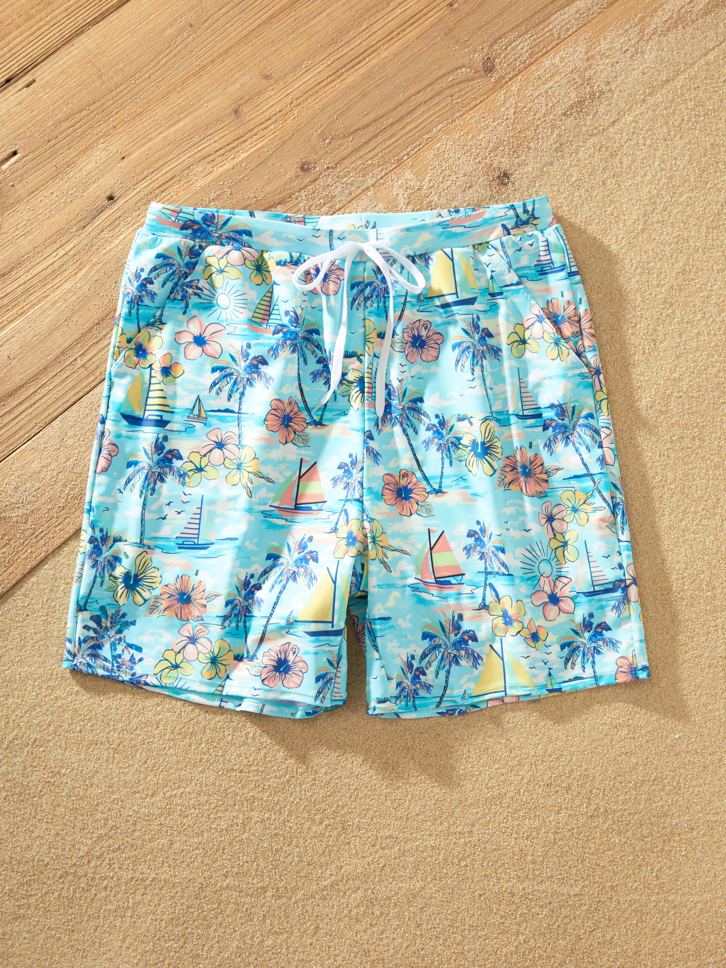 Daddy & Son Swimwear Tropical Print,Daddy & Son Swim Trunks Set for Summer Beach Vacation Light Blue - Image 4