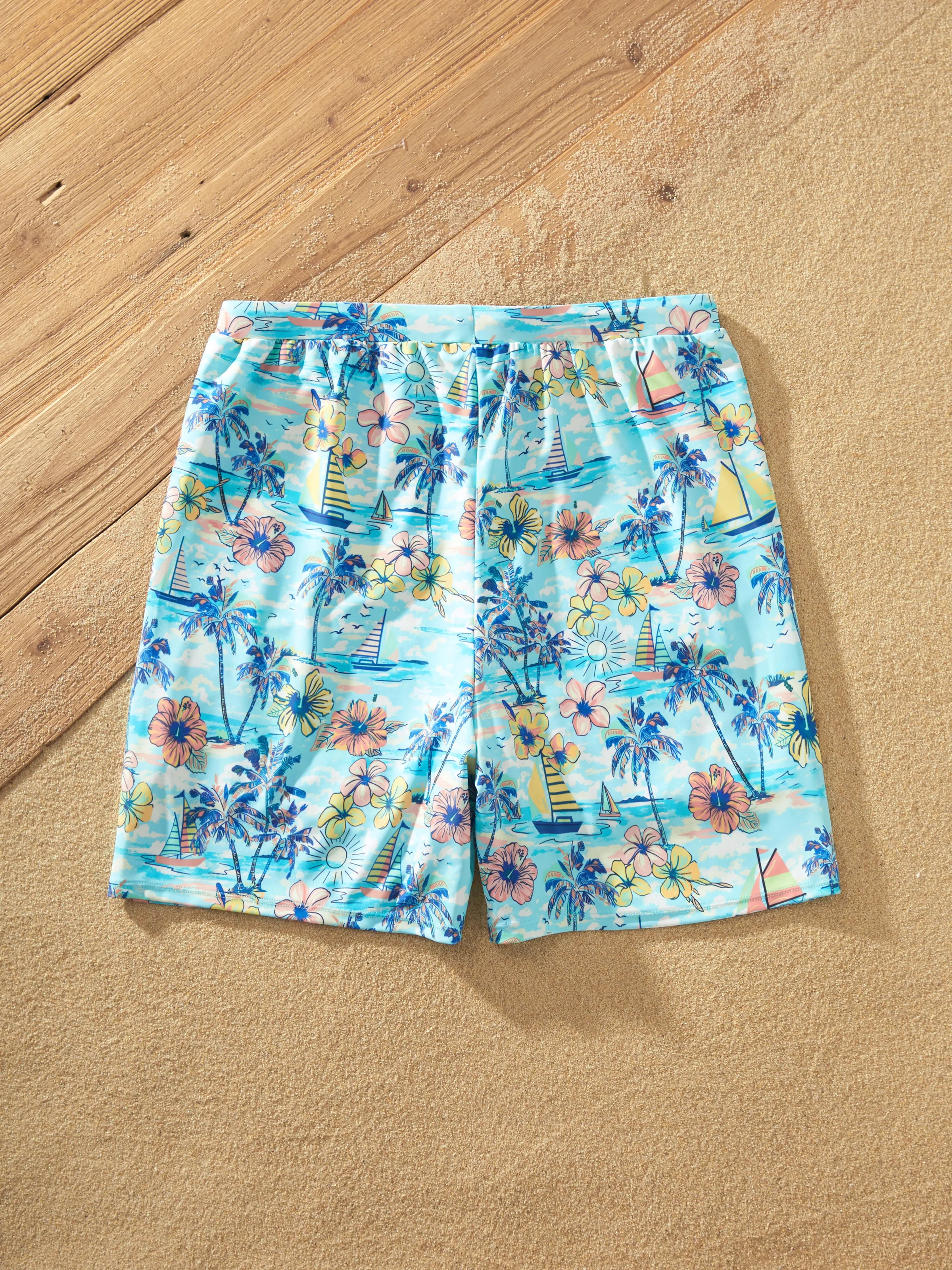 Daddy & Son Swimwear Tropical Print,Daddy & Son Swim Trunks Set for Summer Beach Vacation Light Blue - Image 7