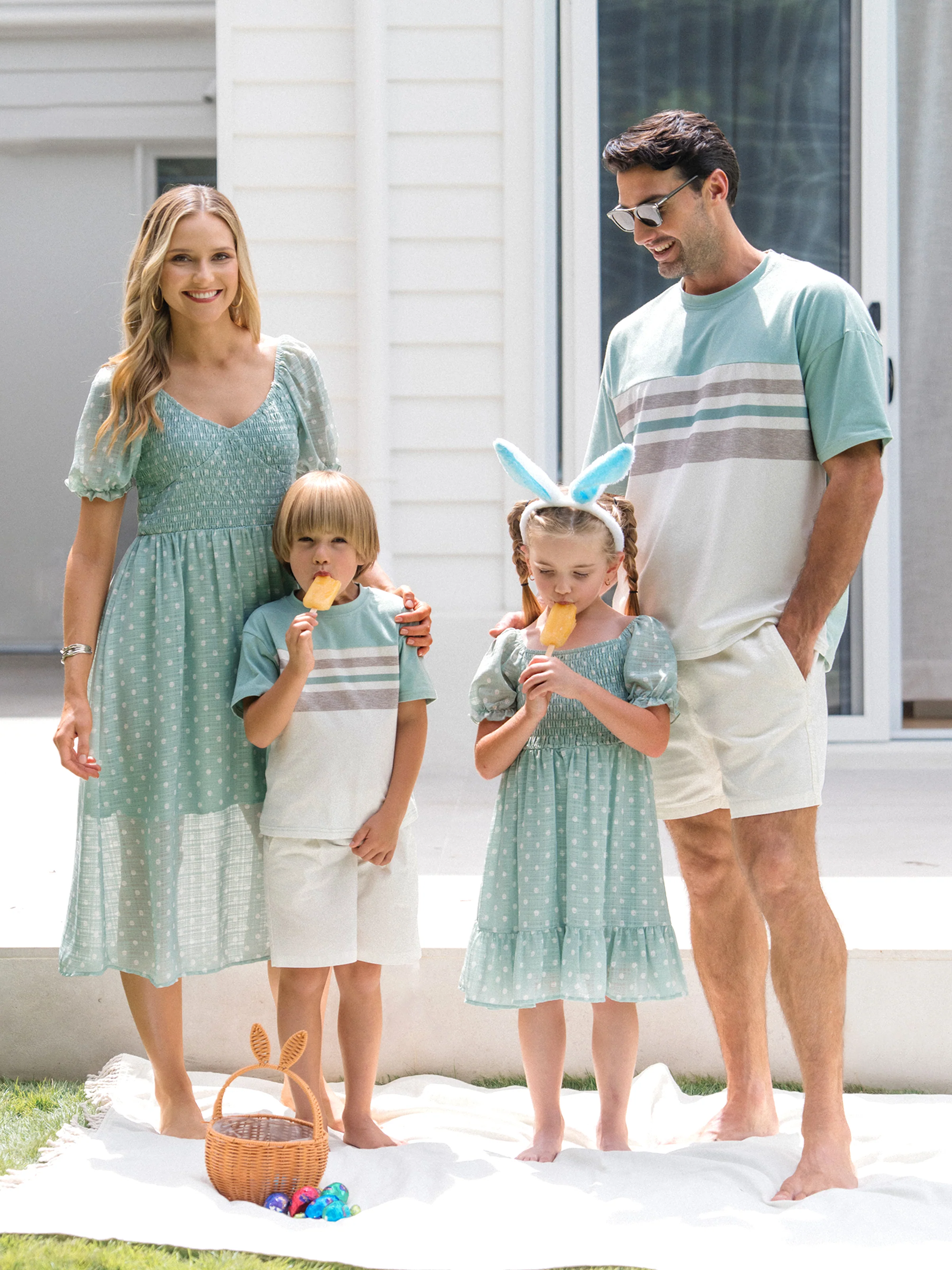 Daddy & Daughter T-Shirt & Dress Set Polka Dot Puff-sleeve Dress for Daughter & Baby, Color Block Cotton Tee for Dad , Perfect for Family Outings & Photos Light Green - Image 2