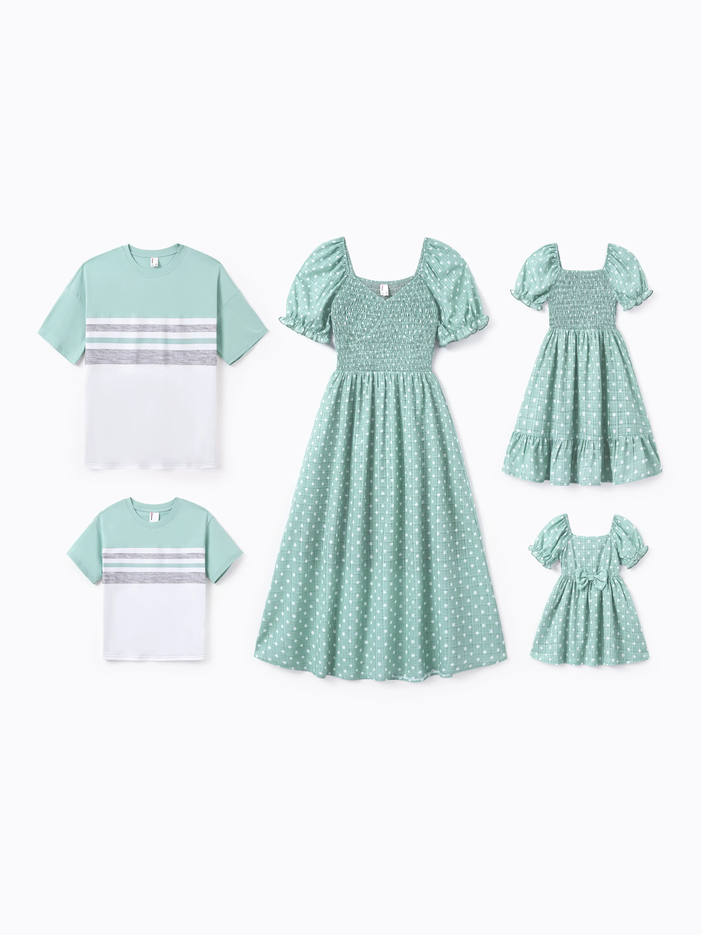 Daddy & Son T-Shirt & Dress Set Polka Dot Puff-sleeve Dress for Mom, Daughter & Baby, Color Block Cotton Tee for Dad & Son, Perfect for Family Outings & Photos Light Green - Image 3