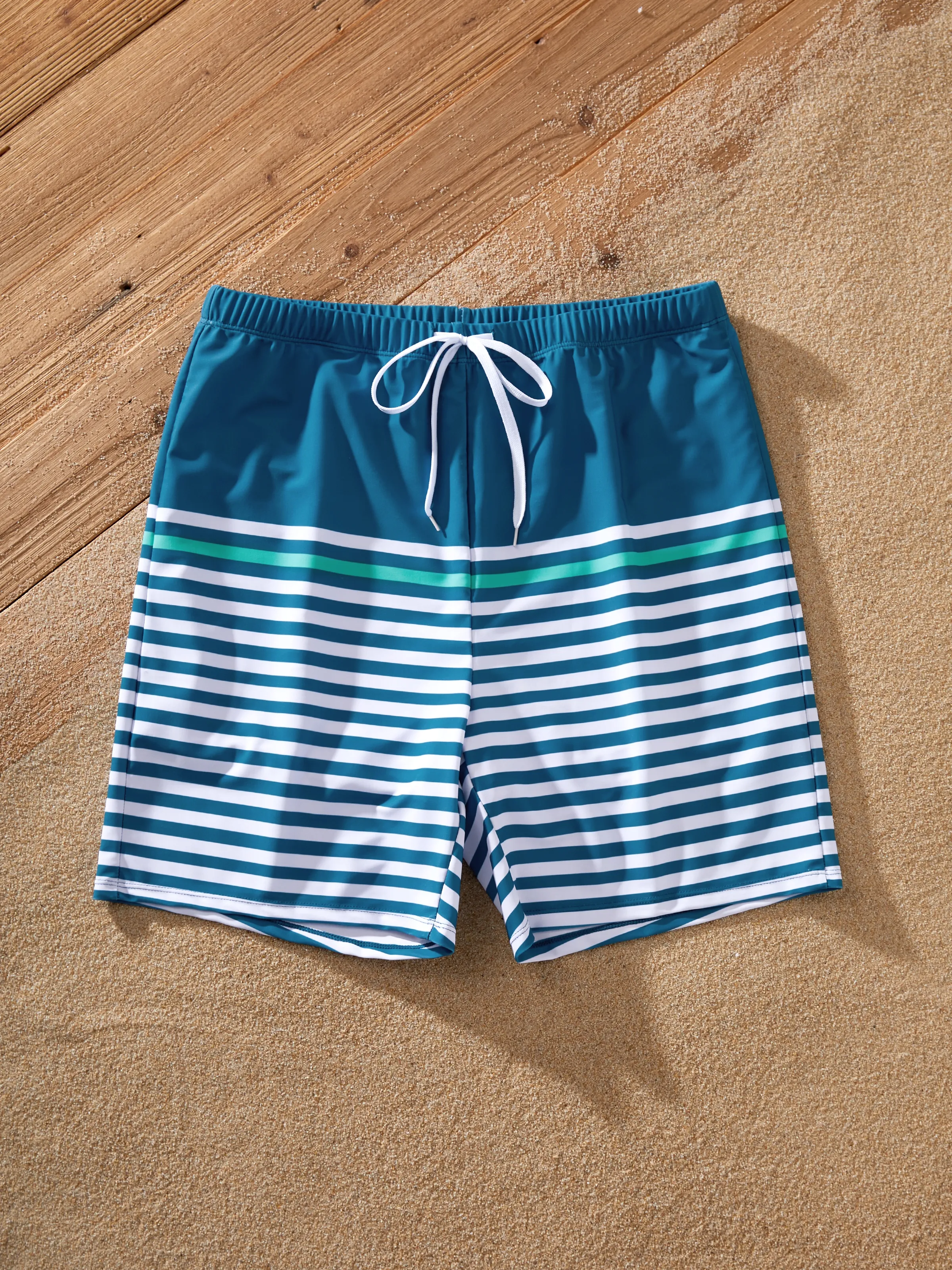 Daddy & Son Teal Striped Swimsuits Ruched Bikini & Swim Trunks Set Multi-color - Image 3