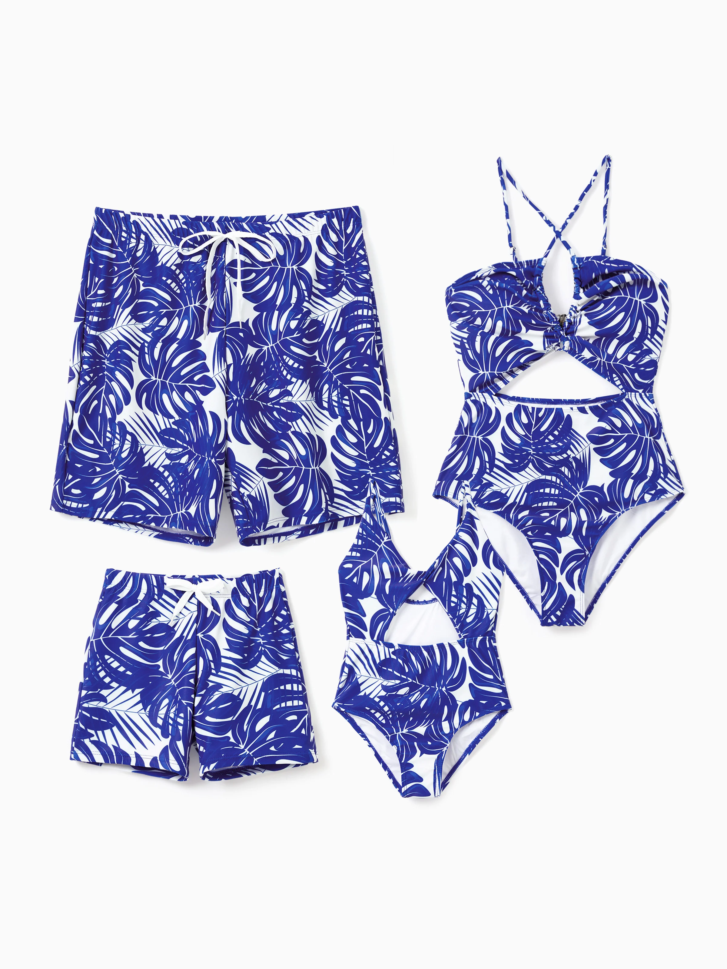 Daddy & Son Tropical Leaf Print Swim Trunks Blue - Image 2
