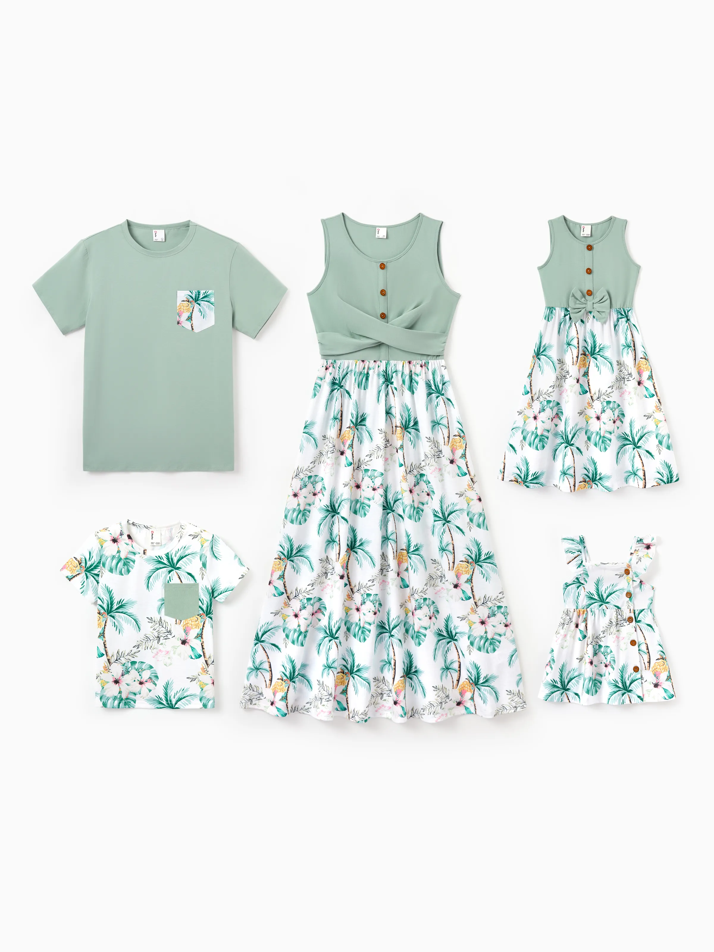 Daddy & Son Tropical Print Outfits,Dad/Kids Cotton T-Shirt Set Green - Image 3