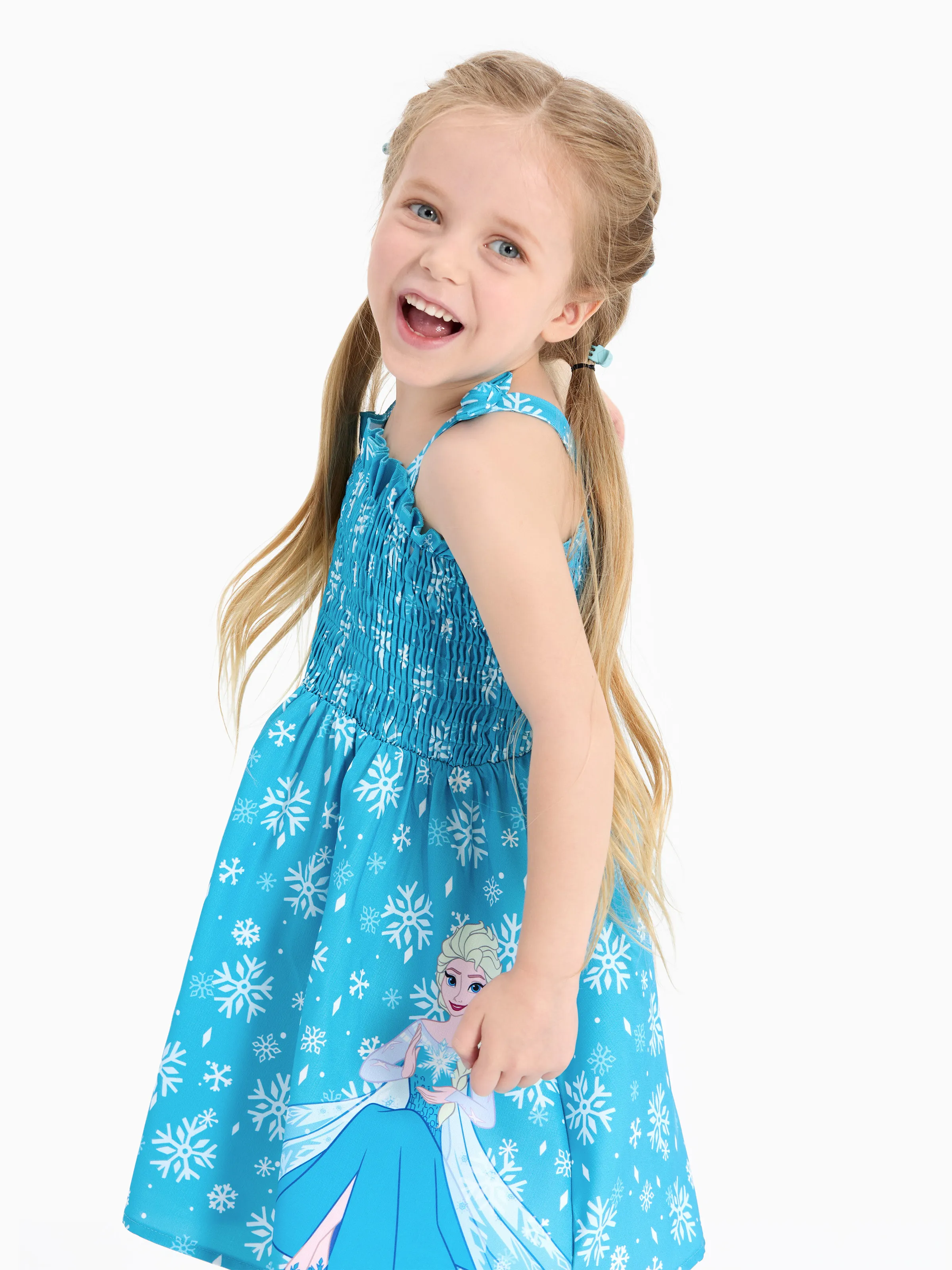 Disney Frozen Toddler Girl Elsa Snowflake Print Bowknot Smocked Dress Sky blue - Image 4