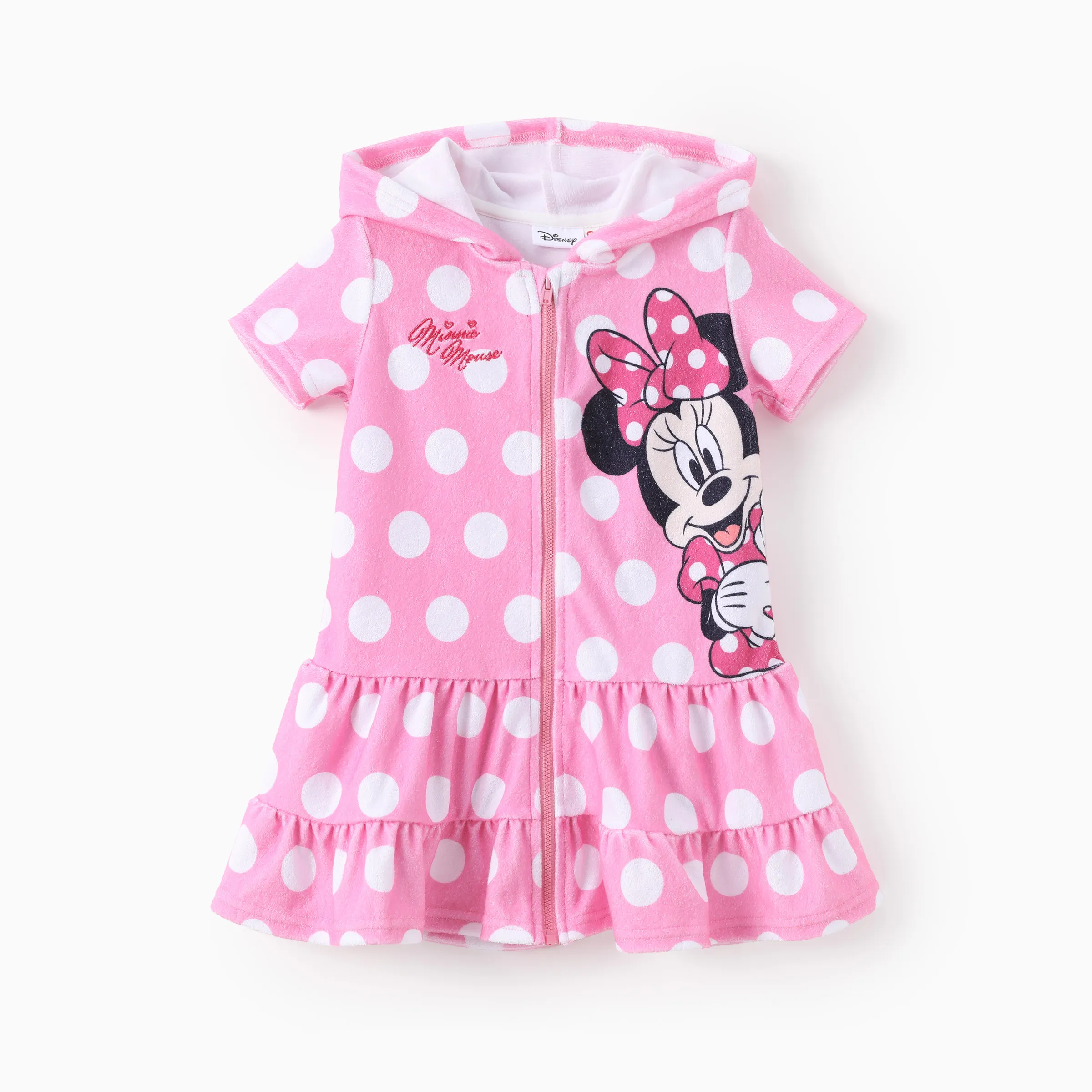 Disney Mickey and Friends Toddler Girl Minnie Mouse Polka Dot Pattern Hooded Zipper Ruffle-hem Swim Cover-up Pink - Image 9