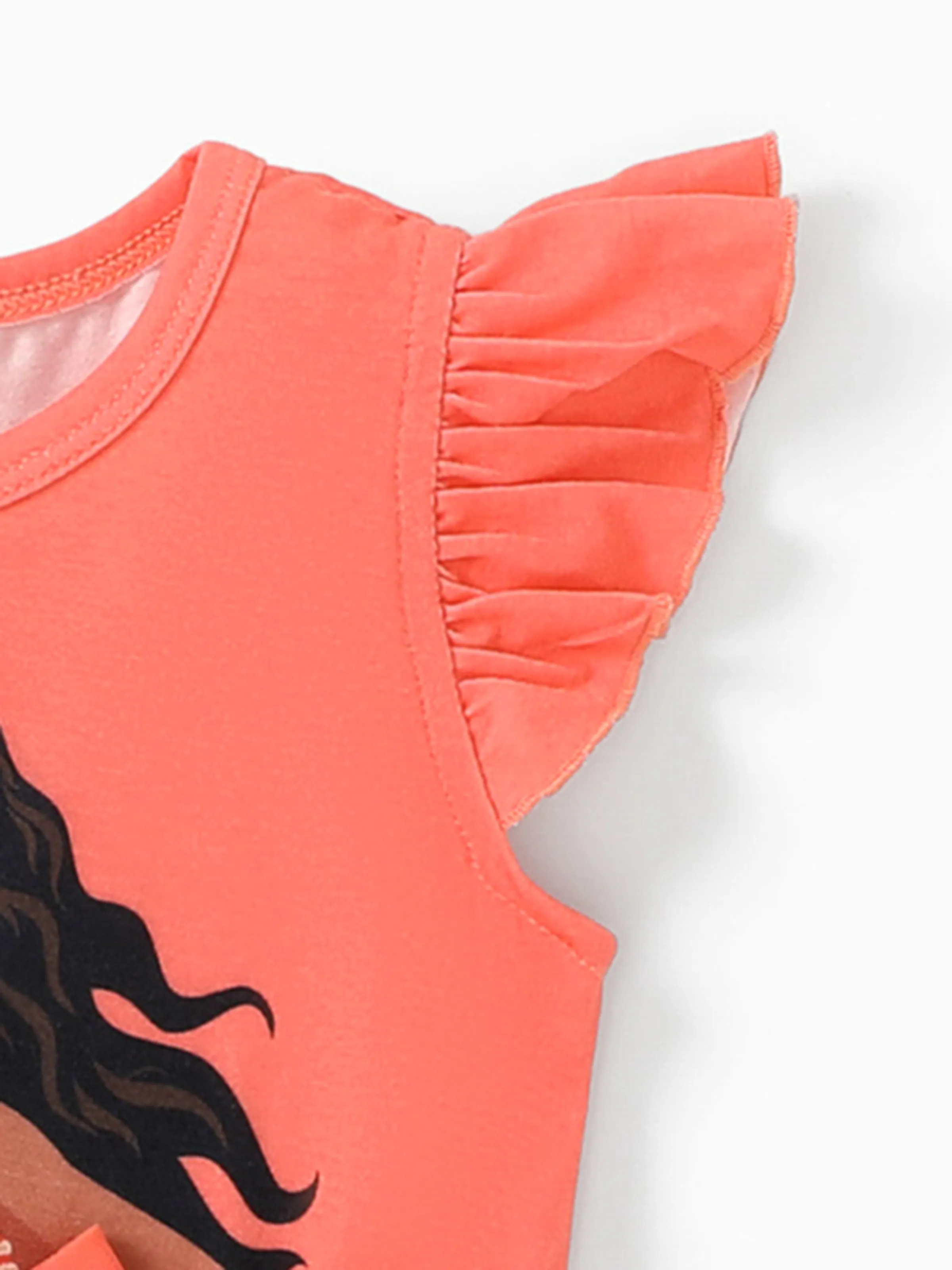 Disney Princess Moana Toddler Girl Character Print Bowknot Mesh Ruffled Romper orangered - Image 4