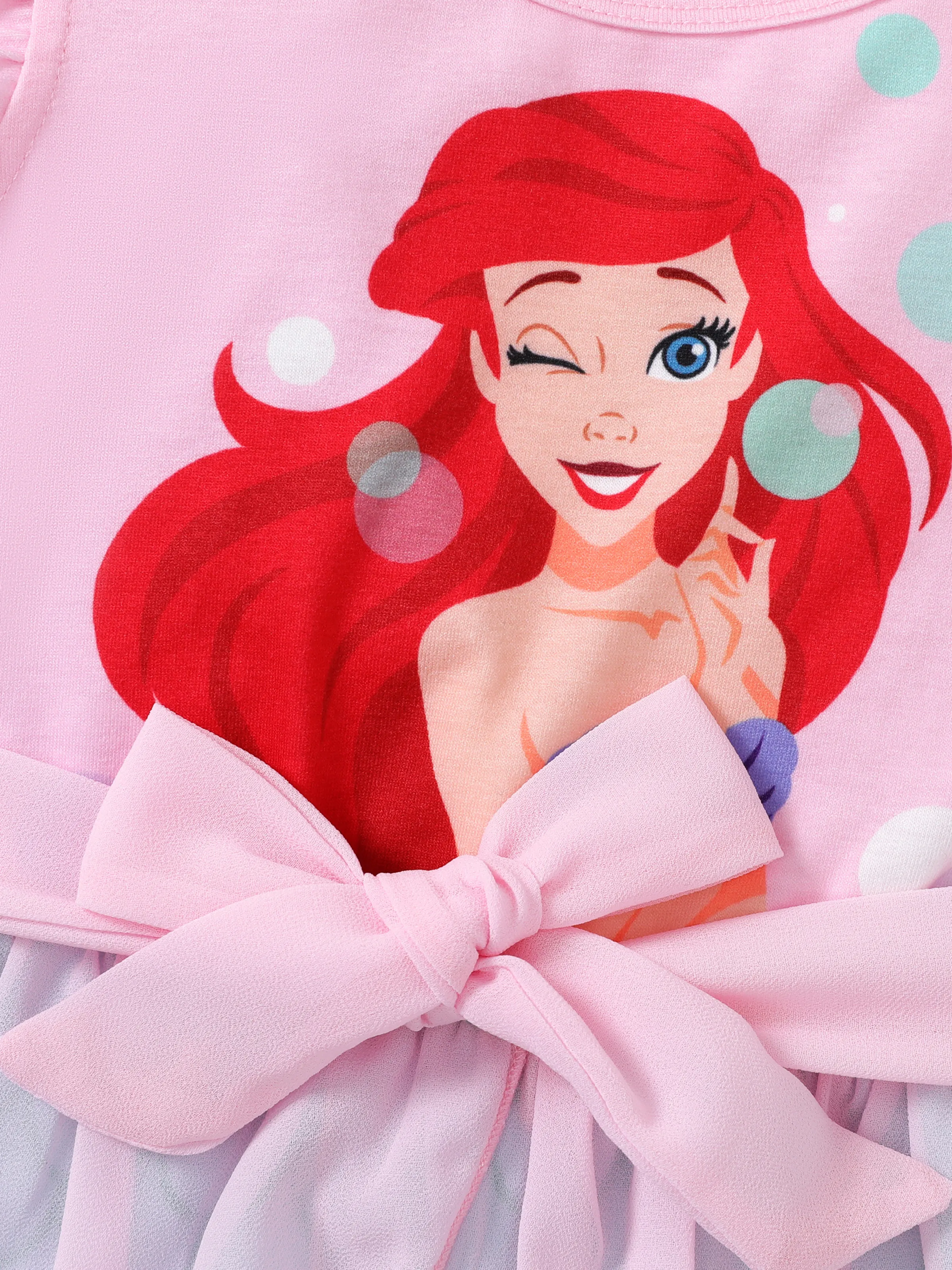 Disney Princess Ariel Toddler Girl Character Print Bowknot Mesh Ruffled Romper Pink - Image 2