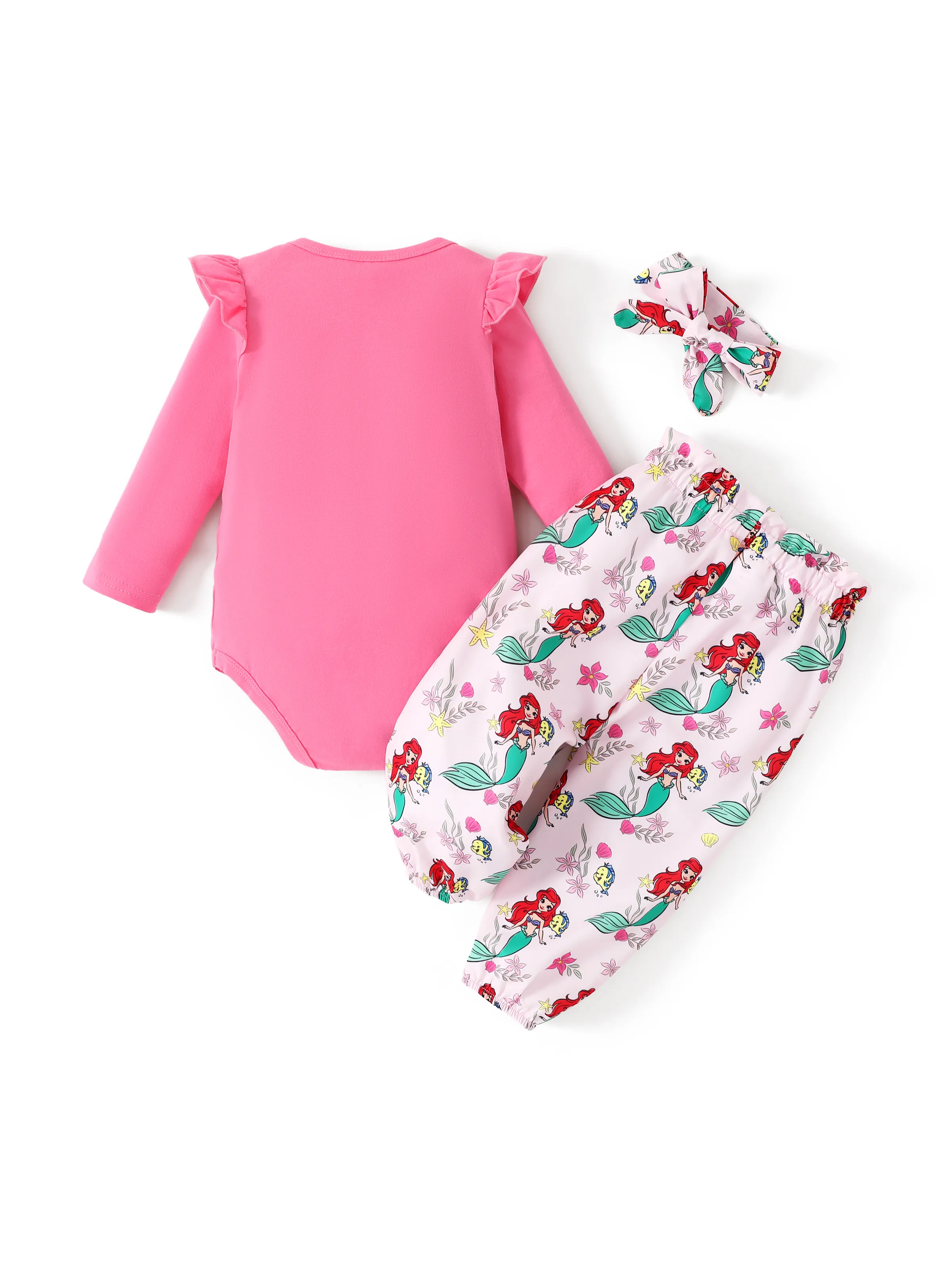 Disney Princess Baby Girl Ariel 3pcs Ruffle Romper and Pants with Headband Set Hot Pink - Image 9