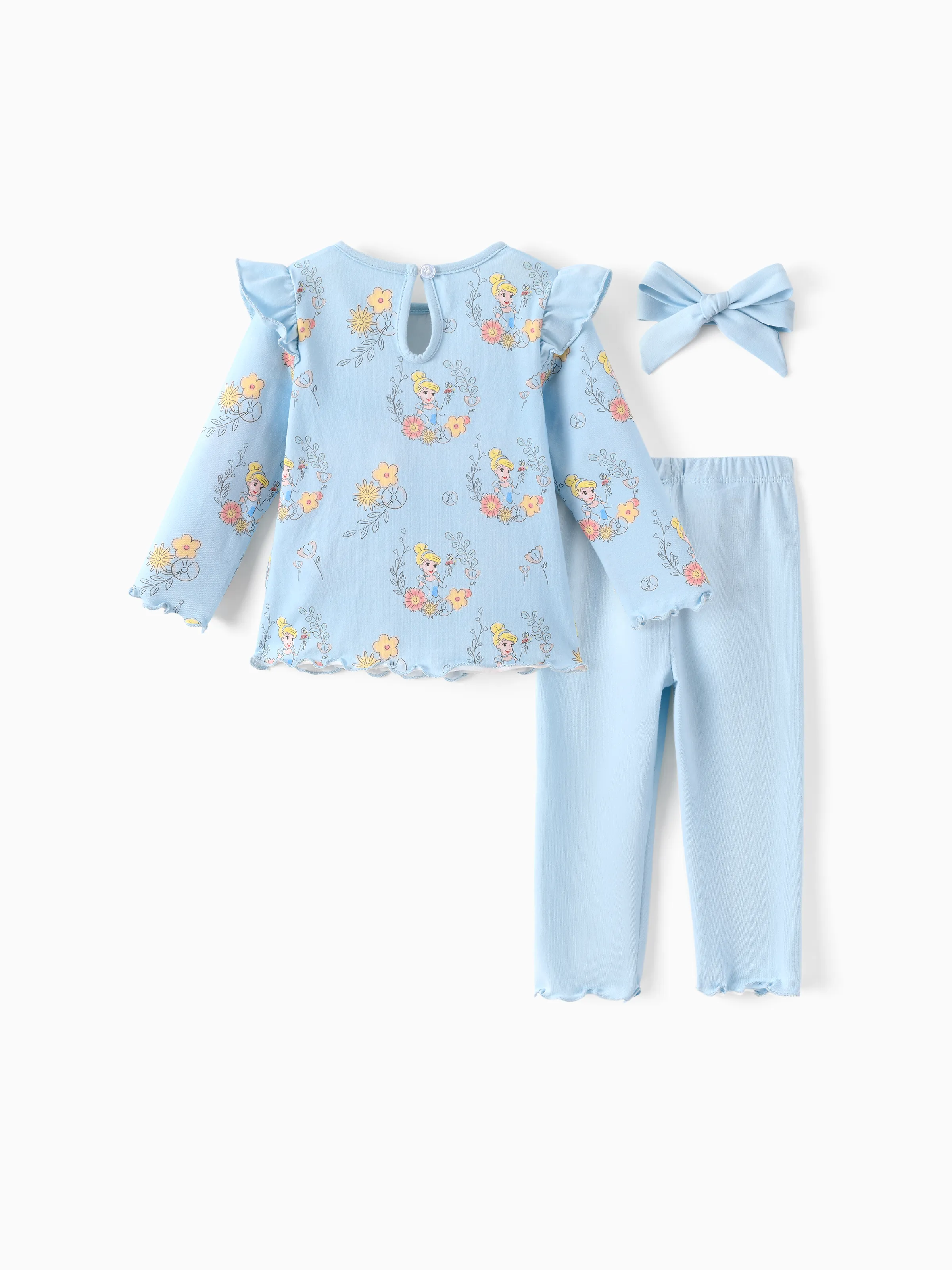 Disney Princess Baby Girl 3pcs Cinderella Ruffle Flutter-sleeve Top and Leggings Set Blue Light Blue - Image 3