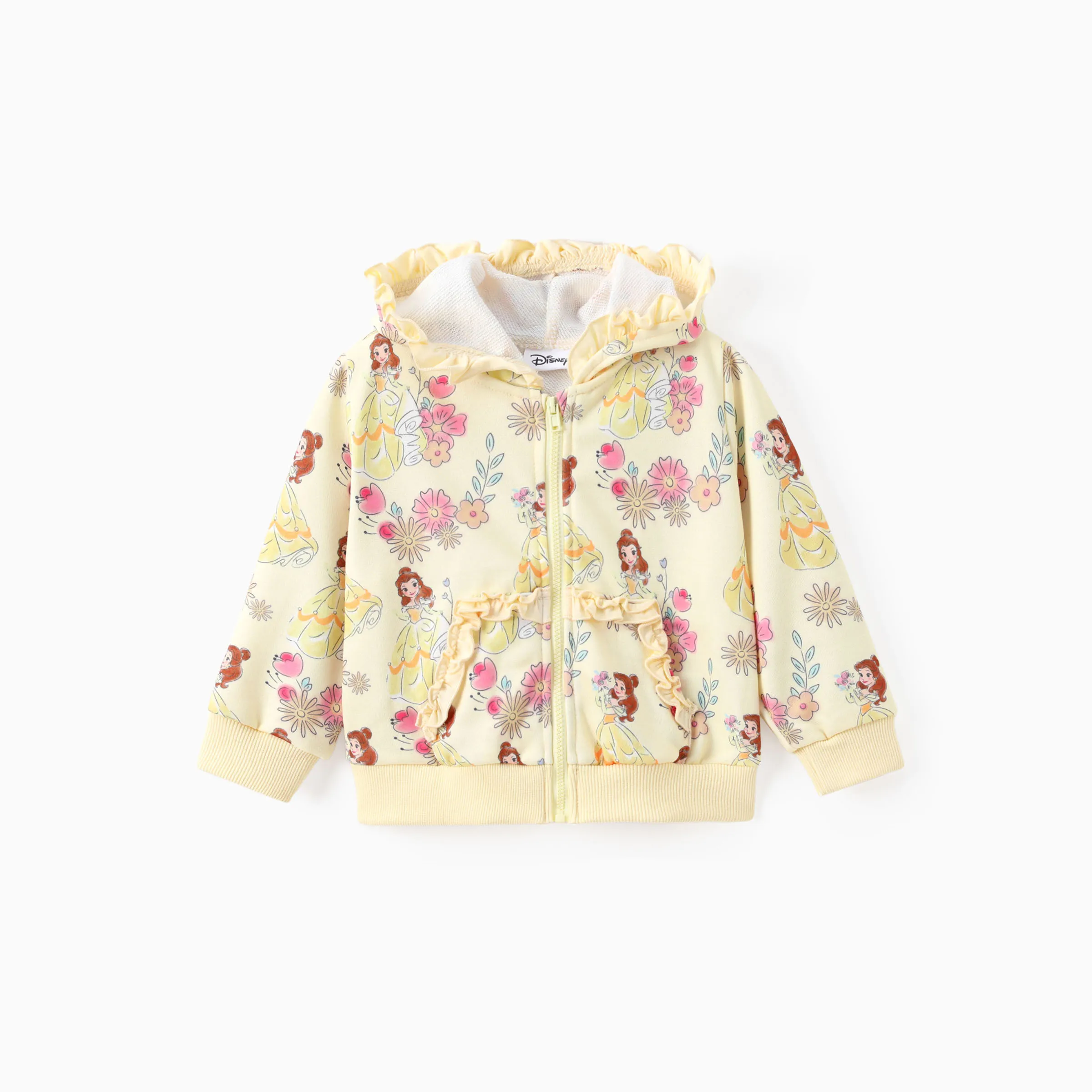 Disney Princess Baby/Toddler Girl Belle Floral Pattern Ruffled Hooded Jacket 
 Yellow - Image 7