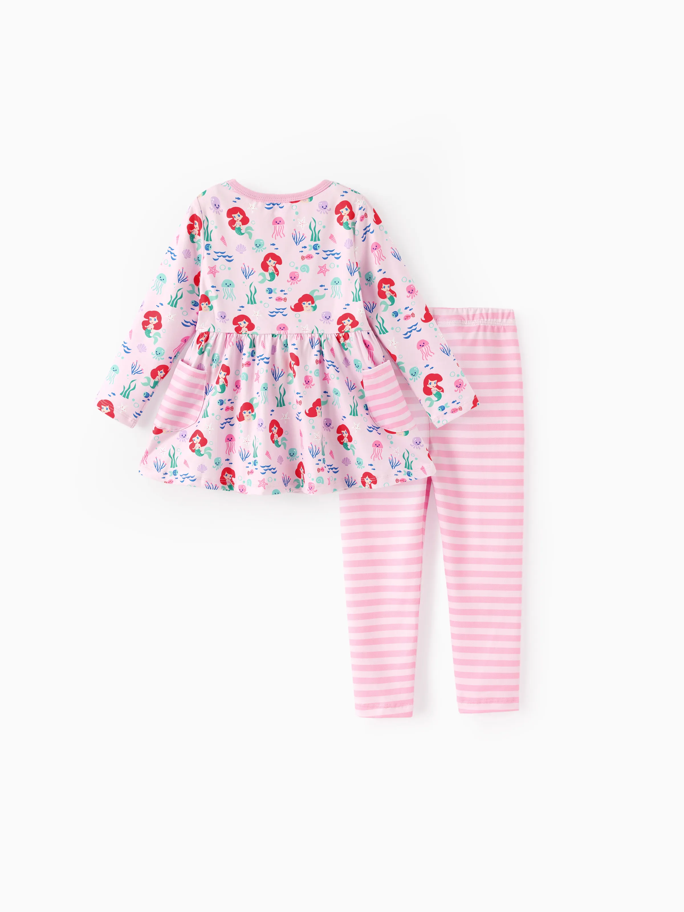 Disney Princess Baby/Toddler Girl Ariel 2pcs Striped Ruffle Tunic Top and Leggings Set Pink - Image 3