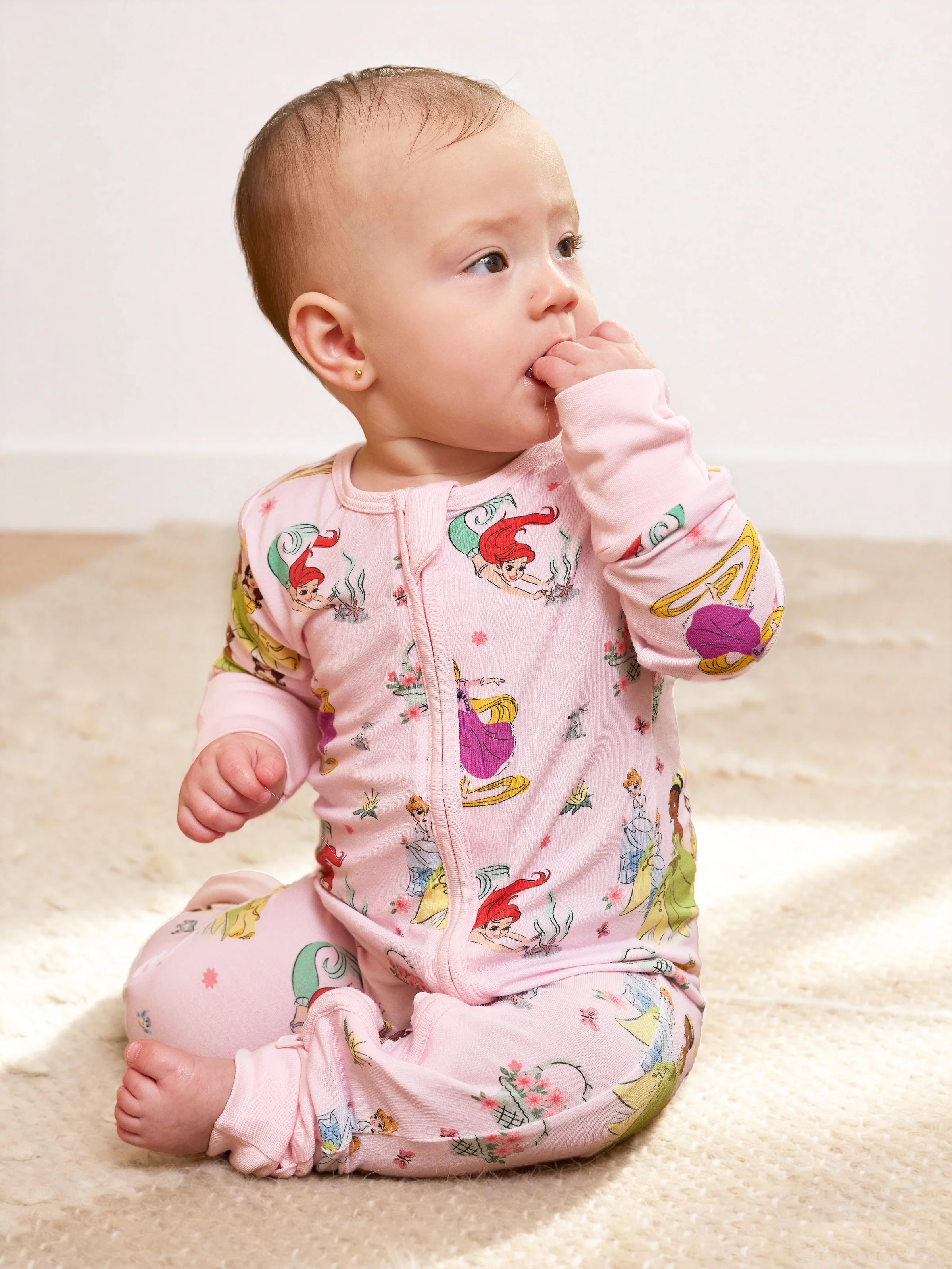 Disney Princess Bamboo Baby Girl Ariel/Belle/Tiana 2-Way Zip Onesies Anti Slip Long-sleeve Footie Pink - Image 3
