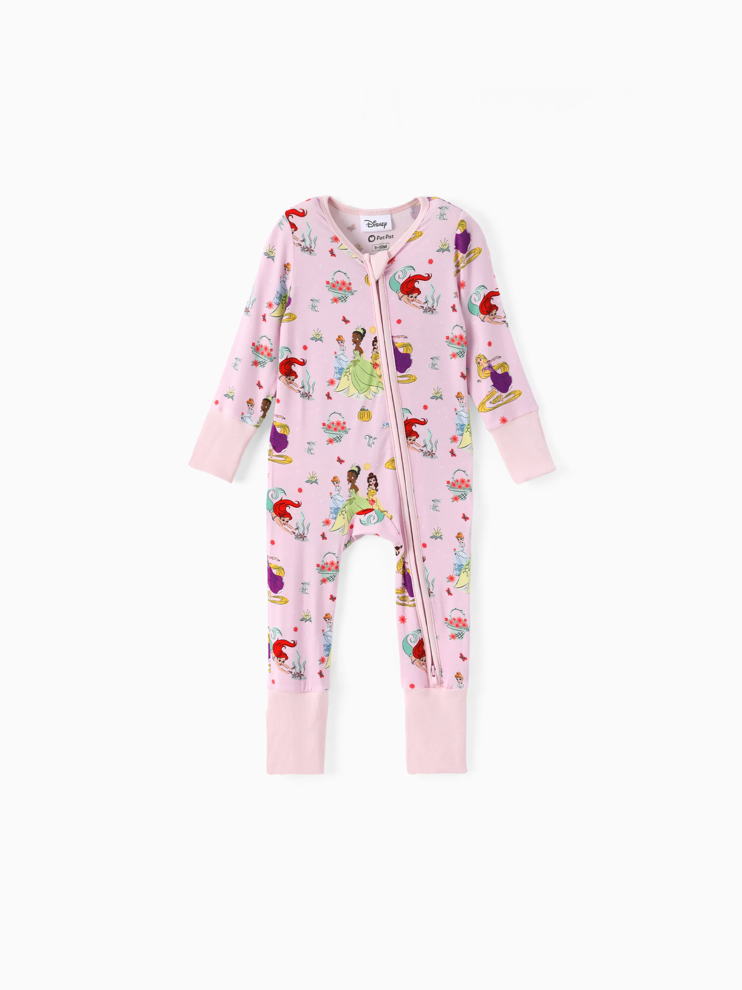 Disney Princess Bamboo Baby Girl Ariel/Belle/Tiana 2-Way Zip Onesies Anti Slip Long-sleeve Footie Pink - Image 4