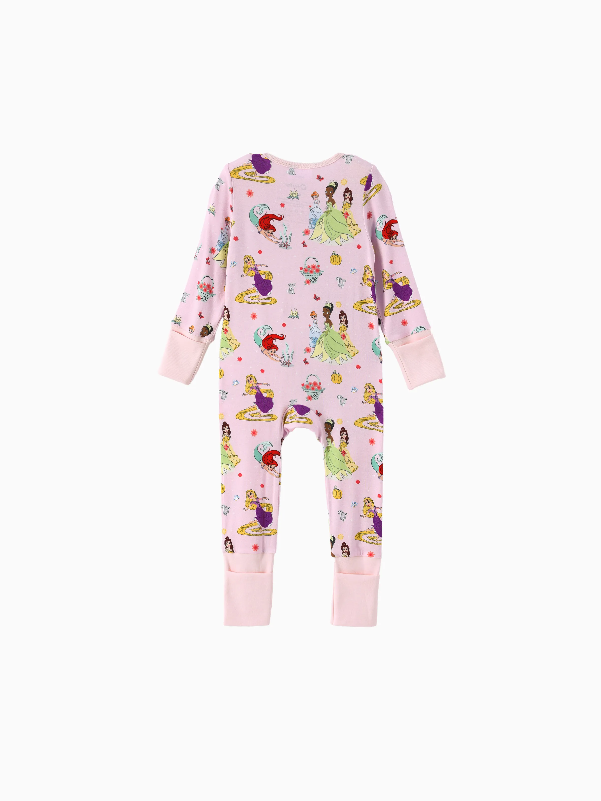 Disney Princess Bamboo Baby Girl Ariel/Belle/Tiana 2-Way Zip Onesies Anti Slip Long-sleeve Footie Pink - Image 5