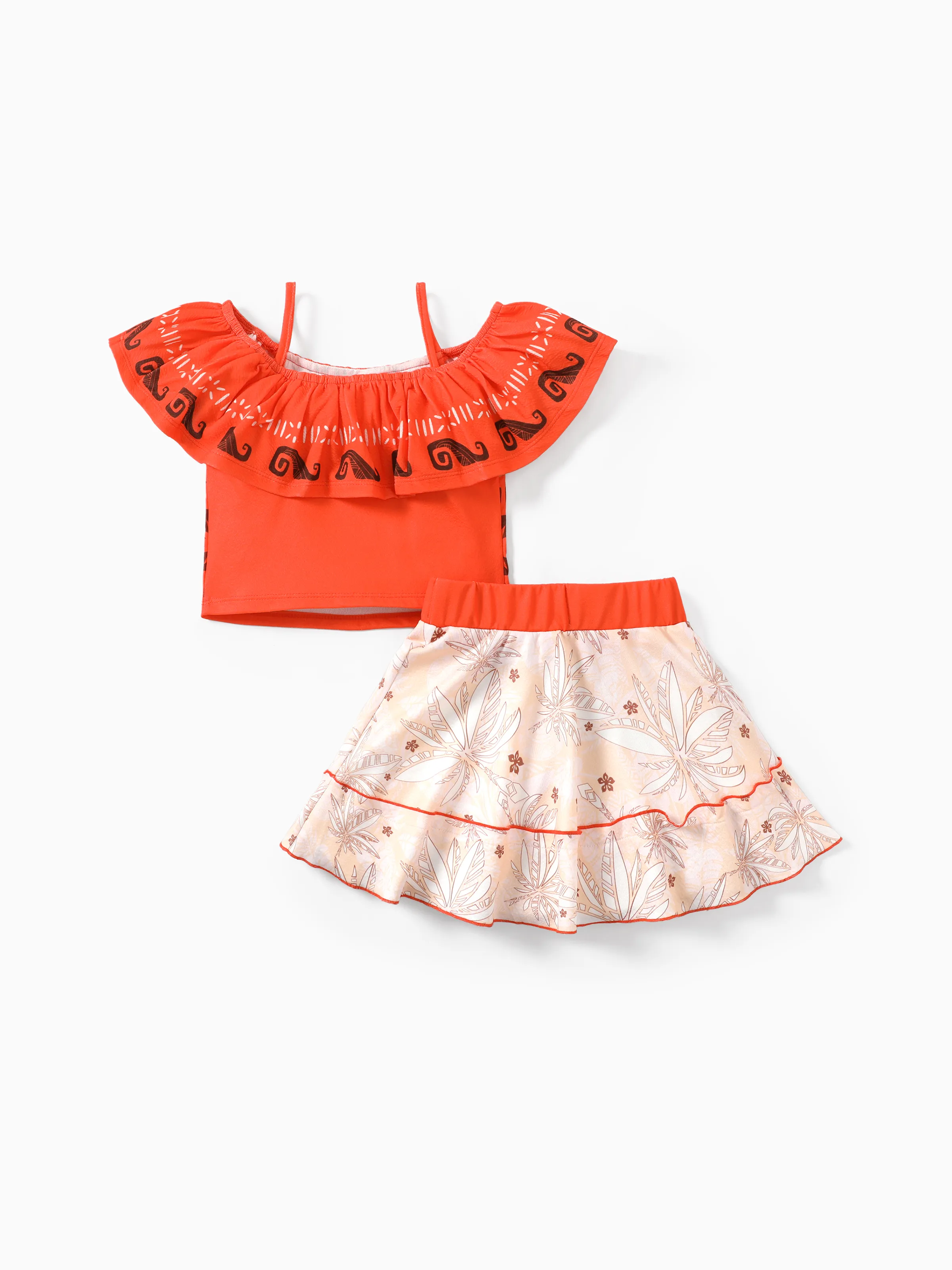 Disney Princess Moana 2pcs Toddler/Kid Girl Palm Leaves Ruffled Top and Skirt Set orangered - Image 3