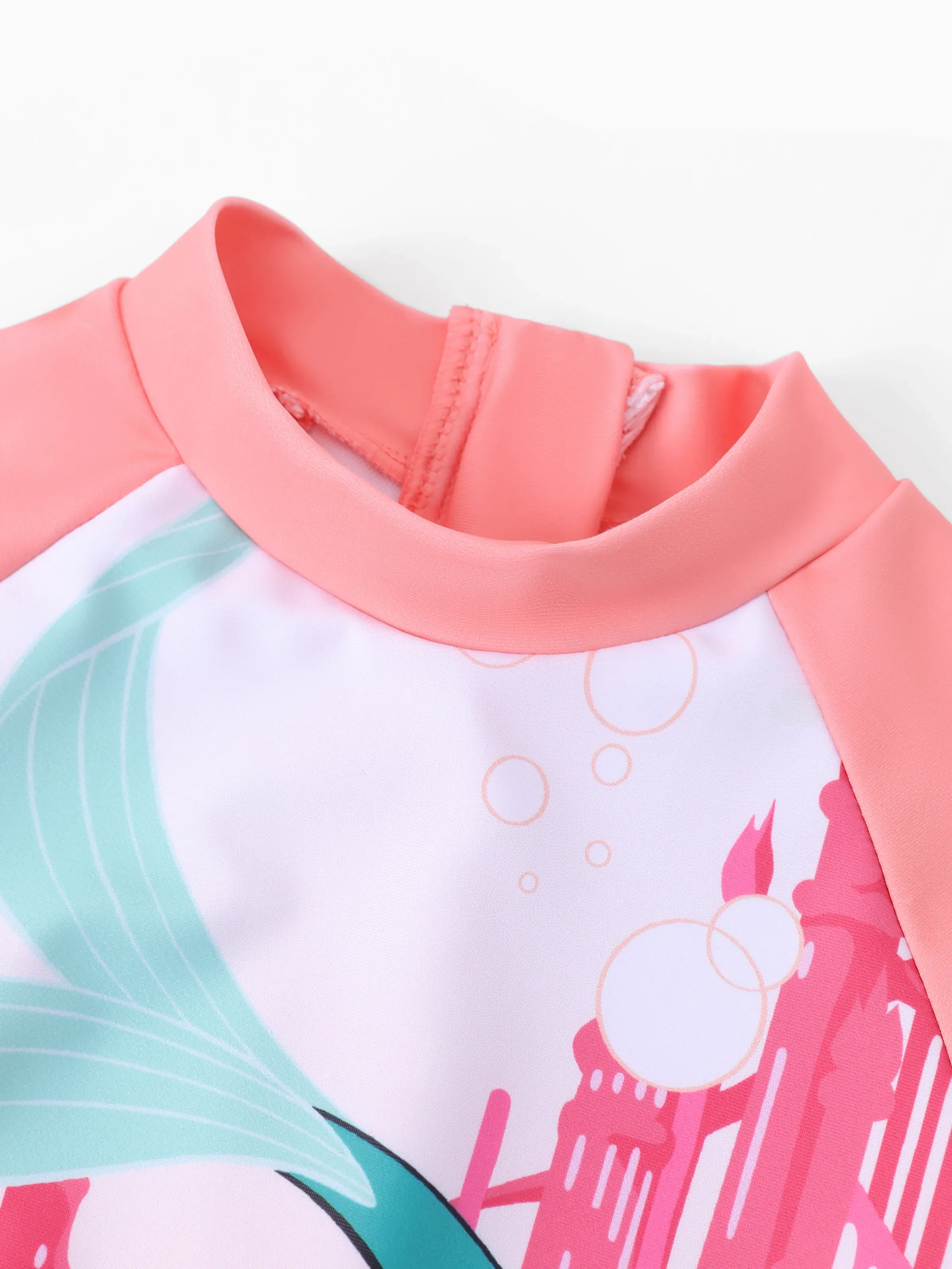 Disney Princess Toddler Girl Ariel Colorblock Ruffled Zipper UPF 40+ Long-sleeve Swimsuit Dark Pink - Image 4