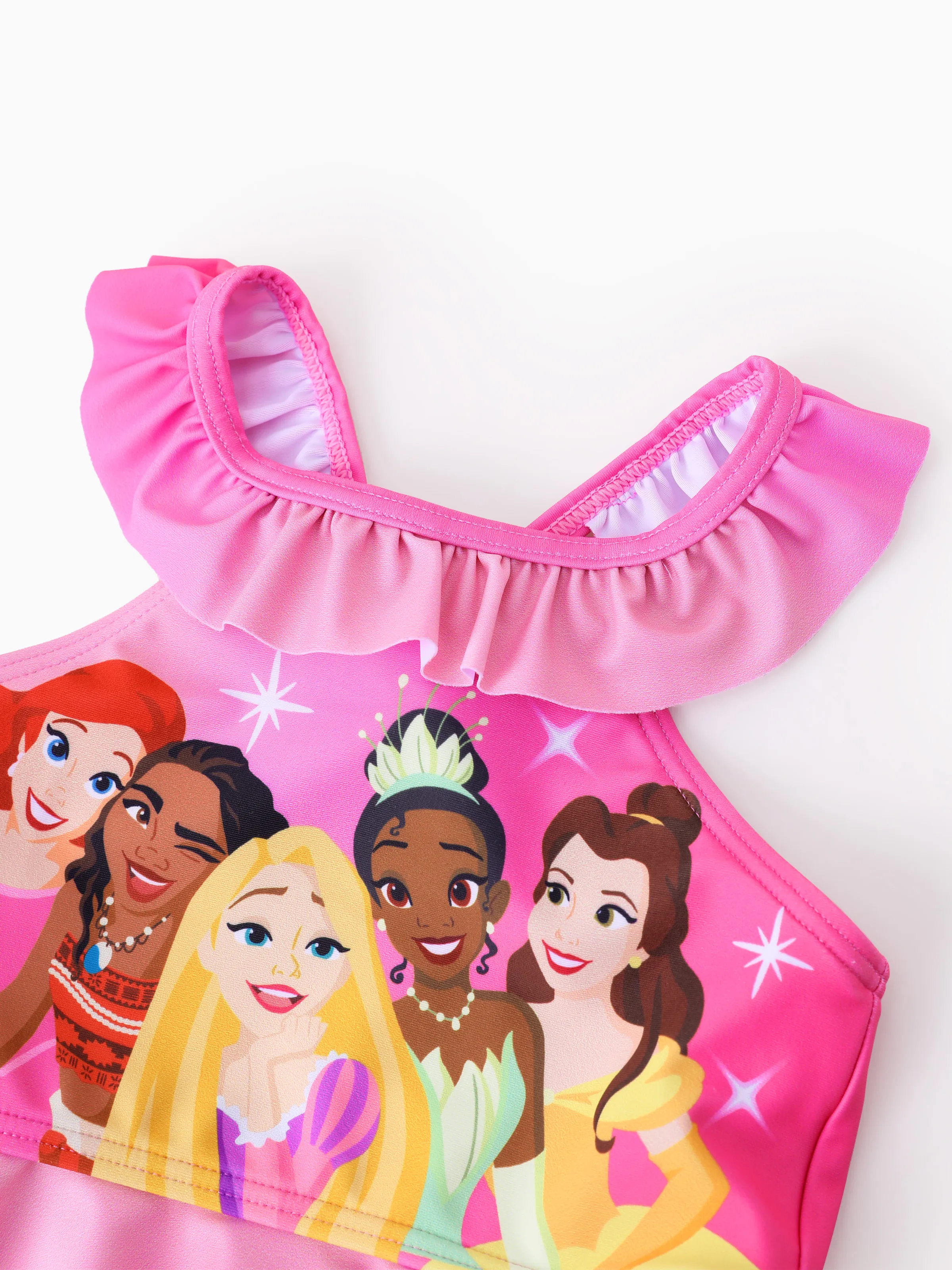Disney Princess Toddler Girl 2pcs Ariel Moana Rapunzel Tiana & Beller Polka Dots/Floral Print UPF 50+ Swimsuit Set Pink - Image 4